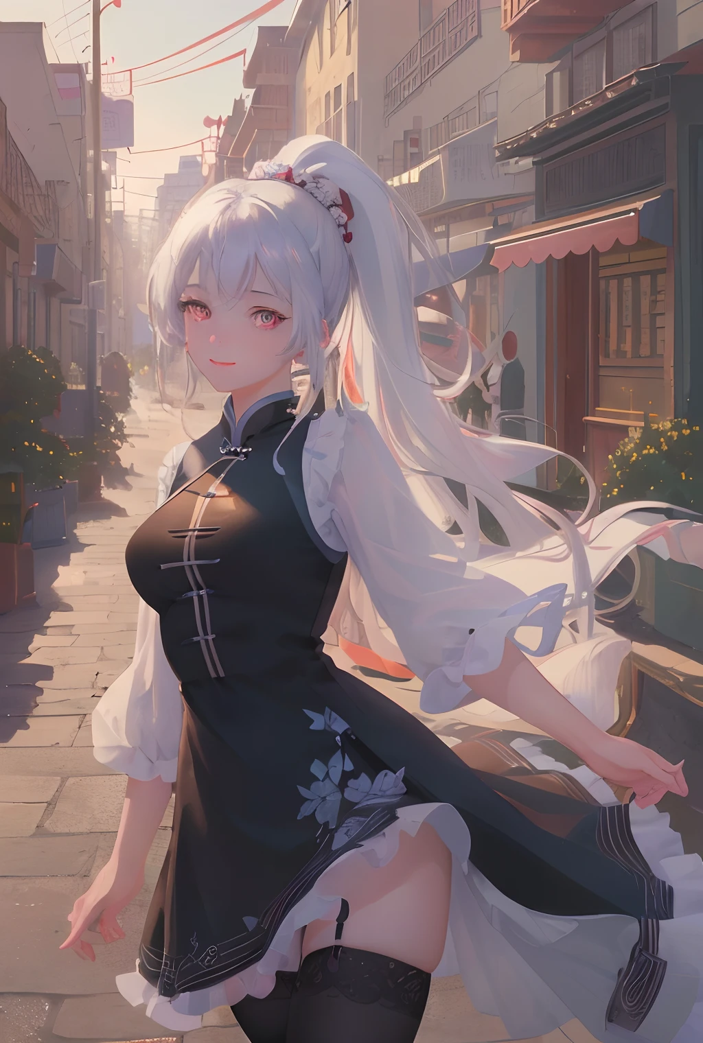 art by Cornflower, dreamy,(masterpiece,best quality,1girl,Amazing,beautiful detailed eyes,finely detail,Depth of field,extremely detailed CG,original, extremely detailed wallpaper,china town,bent over,black_thighhighs,china dress,red eye,white hair,outstretched arm,ponytail,light smile,sideways glance,),((best quality, masterpiece, illustration, an extremely delicate and beautiful, extremely detailed ,CG ,unity ,wallpaper,photorealistc, masterpiece, 4k, 8k, highres)), beautiful background,