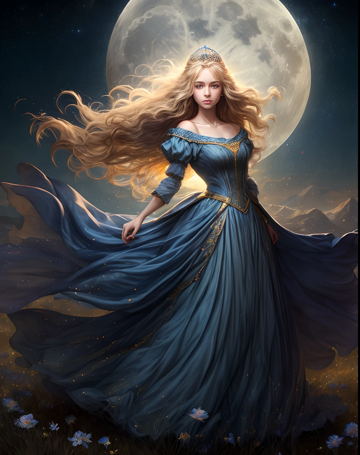 (best quality, masterpiece), young woman, medieval princess blue dress, pose, particle, wind, flower, upper body, full moon night background, looking at viewer, long straight windblown golden hair, detailded blue eyes, galaxy, backlit, rimlight, beautiful artwork, perfect composition