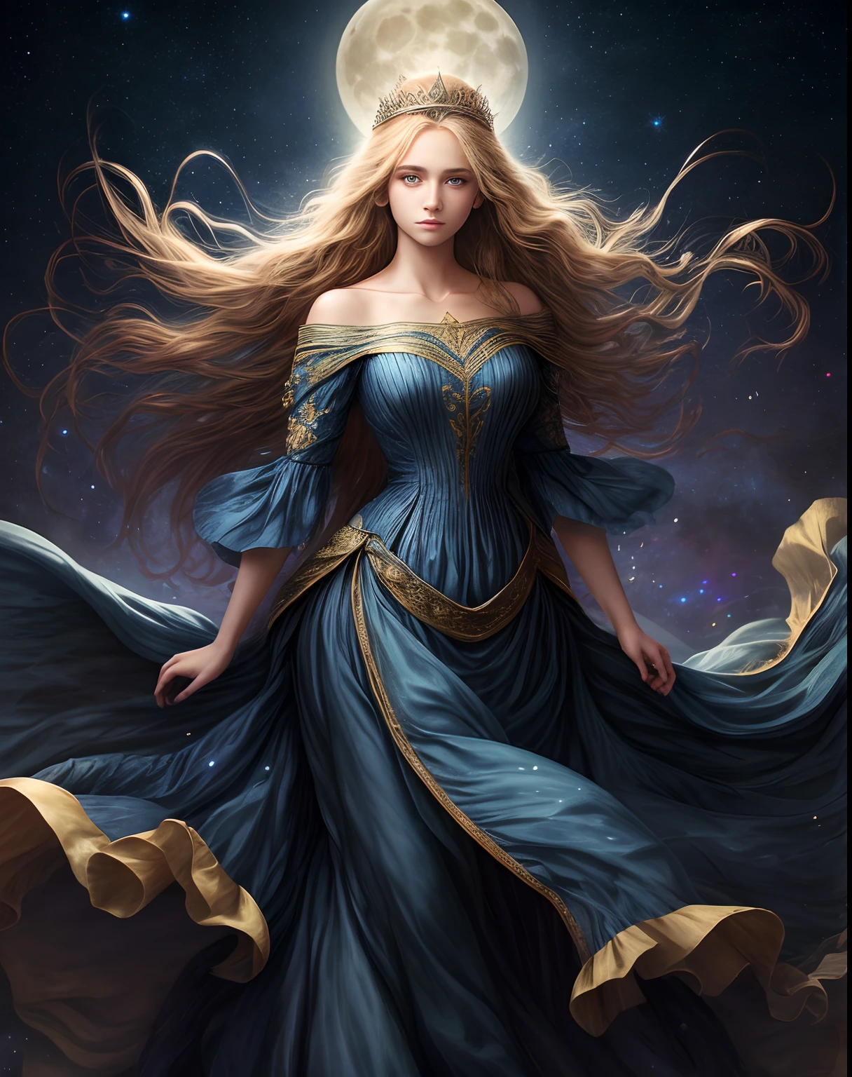 (best quality, masterpiece), young woman, medieval princess blue dress, pose, particle, wind, flower, upper body, full moon night background, looking at viewer, long straight windblown golden hair, detailded blue eyes, galaxy, backlit, rimlight, beautiful artwork, perfect composition