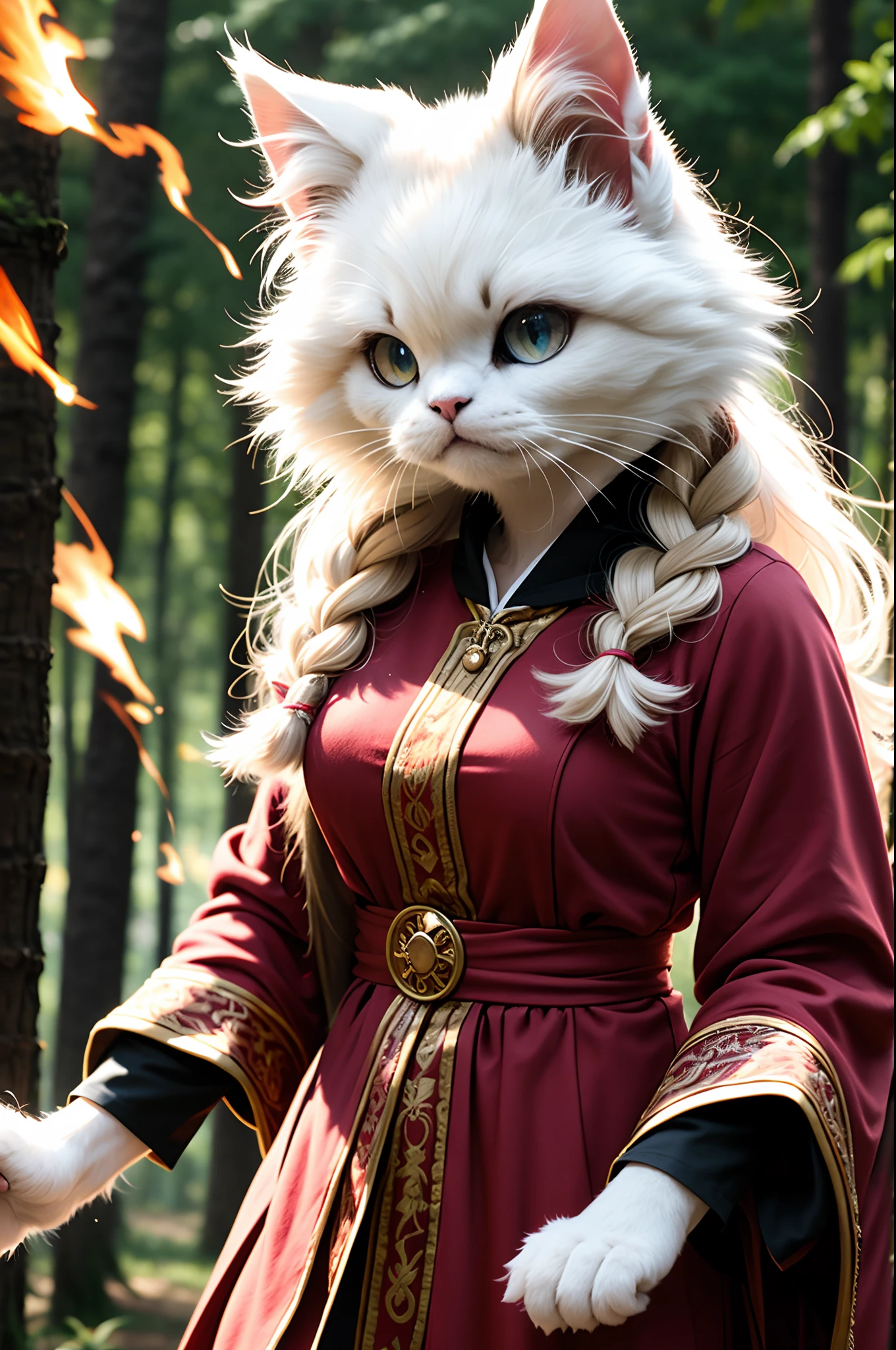 persian cat Anthropomorphic, steampunk ,, , , , ,, , highest quality,, very angry face, body fitness, full body, long hair with braids , in a forest ,((detailed eyes, high quality eyes, high quality face)), (extremely intricate robes, magical robes), short hair, casting lightning, electricity, swirling fire, radiating power, sparks, smoke, magic, ((dramatic)), epic, battlefield, depth of field, bokeh, 4k, gothic, ember, particles