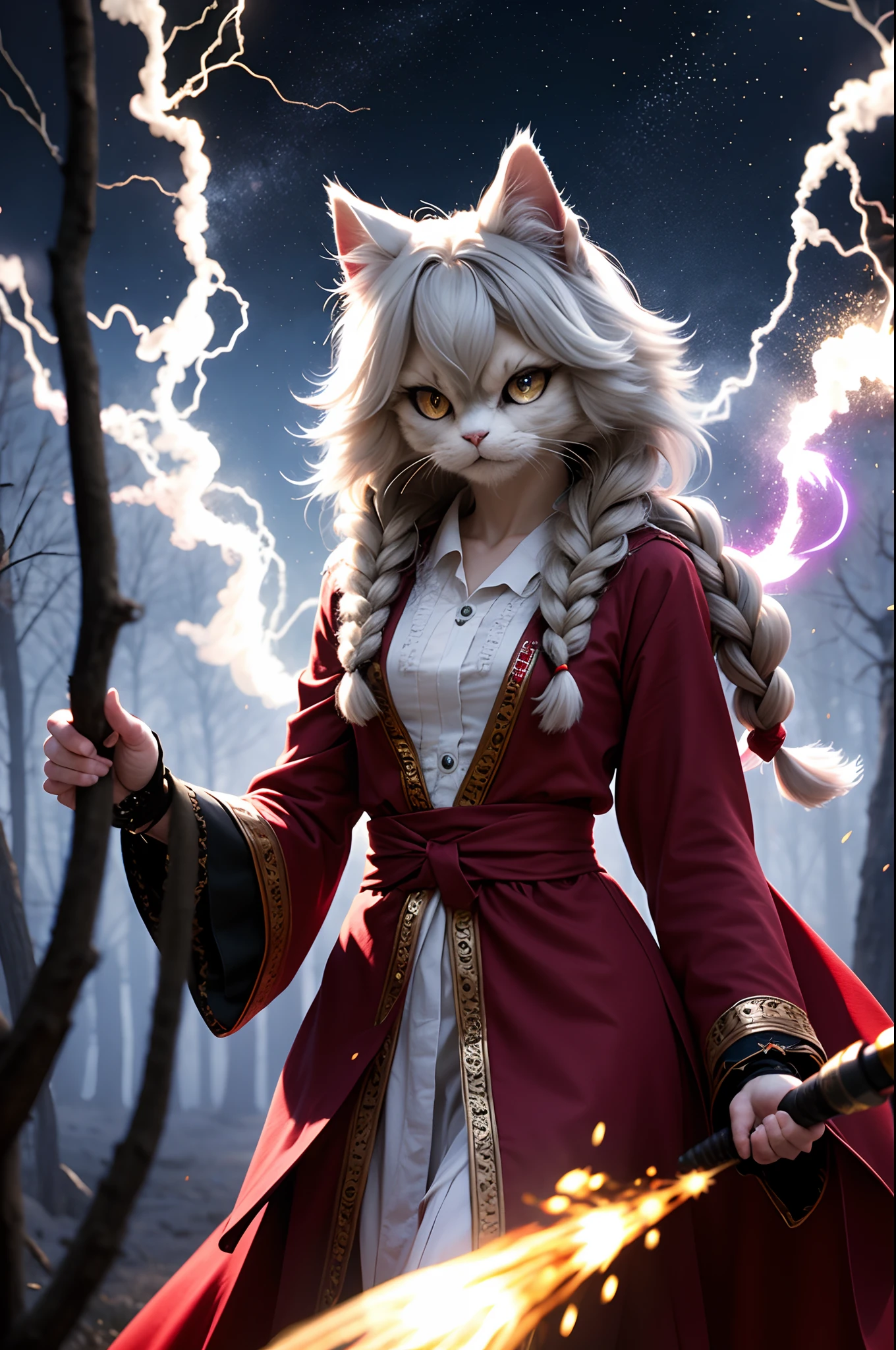 persian cat Anthropomorphic, steampunk ,, ,  , , ,, , highest quality,, very angry face, body fitness, full body, long hair with braids , in a forest  ,((detailed eyes, high quality eyes, high quality face)), (extremely intricate robes, magical robes), short hair, casting lightning, electricity, swirling fire, radiating power, sparks, smoke, magic, ((dramatic)), epic, battlefield, depth of field, bokeh, 4k, gothic, ember, particles