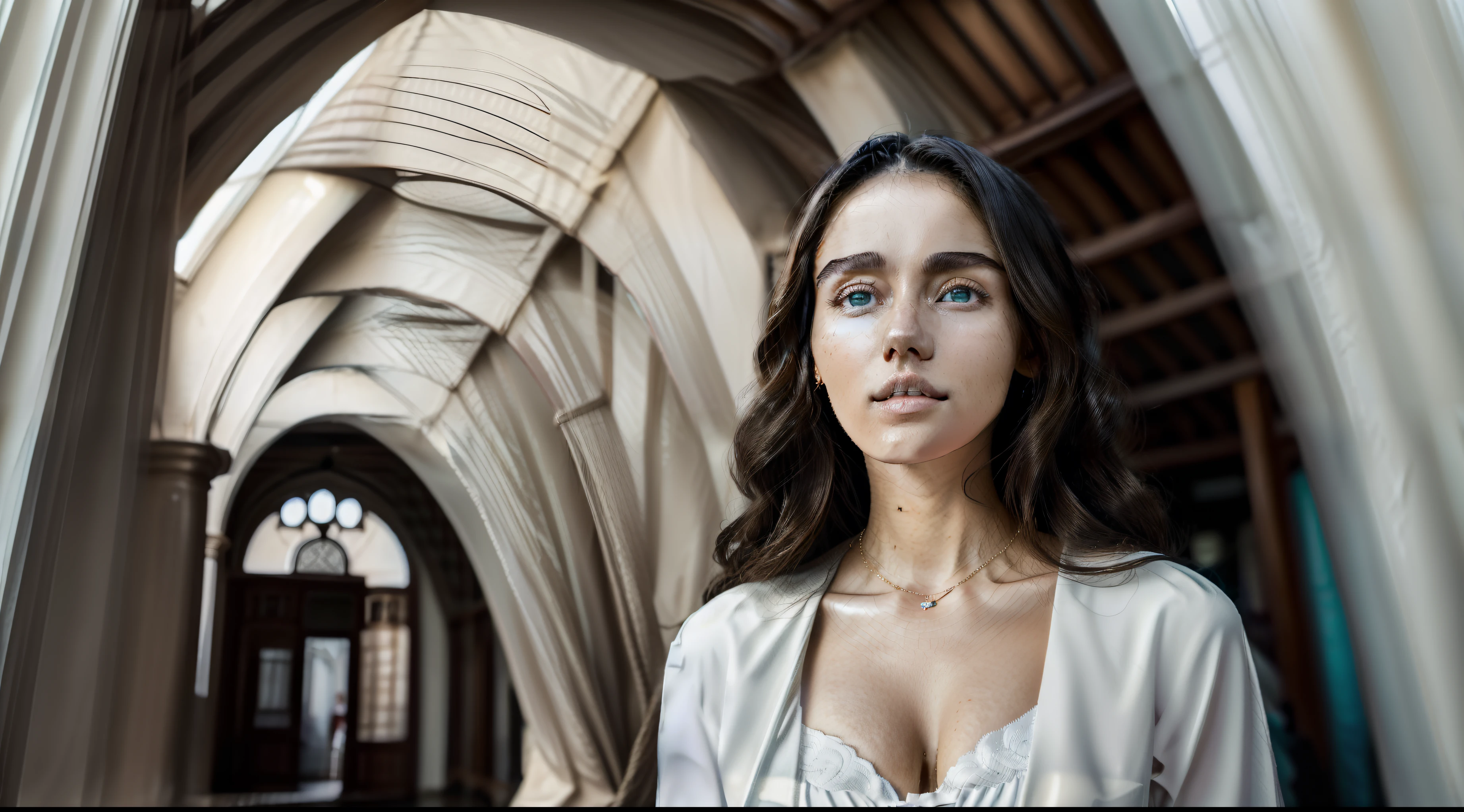 Masterpiece: 1.3), (8k, Photorealistic, Photo RAW, Best quality: 1.4), (UHD), (Ultra high realism), (Ultra high definition), (Ultra high detail), (Increase contrast), (Increase saturation), ((((1girl:1.3)))), A beautiful woman, ((Hybrid face between Monica Bellucci and Jennifer Connelly, 20 years old)), with a perfect figure: 1. 4, Cute face, Beautiful face, (Realistic face), Exquisite hairstyle, Bright light blue eyes with realistic details, beauty in every aspect, (Realistic skin), Radiant skin, with a natural tan tone, irresistible to look at, Ultra high definition, Ultra realistic, Highly detailed, (Large breasts: 1.3), (Cleavage: 0.8), A model with a Caucasian complexion, with a warm, Mediterranean skin tone, pose next to an archway, leaning slightly forward and looking through the passageway. Her arms may be relaxed at her sides or gently crossed, in Casco Viejo, the historical and cultural heart of Panama City, its cobblestone streets, colonial buildings, plazas and varied architecture, creating a unique environment to enhance your photos. Specifically, the Bóvedas del Casco Viejo exhibit historic arches that provide a distinctive photographic backdrop. The interplay between shadows and lights in the passageways creates an ideal artistic environment for photo shoots, (Loose and natural waves hairstyle, soft and tousled waves would enhance the Mediterranean and versatile beauty, large breasts: 1.3), (Neckline), necklace and earrings, ((Slender figure: 1. 2)), (Toned waist), firm and curvaceous buttocks, ((body measurements: 1.68 meters tall and the ratio of bust, weight and waist and hip measurements 99 x 63 x 91 cm)), ((plunging neckline)), ((Translucent white shirt over black underwear. Shirt ajar, with an elegant, casual dress style)), Shot in 70mm, 8k, Photorealistic, --q 5 --ar 16:9 --v 4, HQ, 8K (film grain: 1.3), 8k UHD, DSLR, soft lighting, high quality, HDRI, Fujifilm XT3