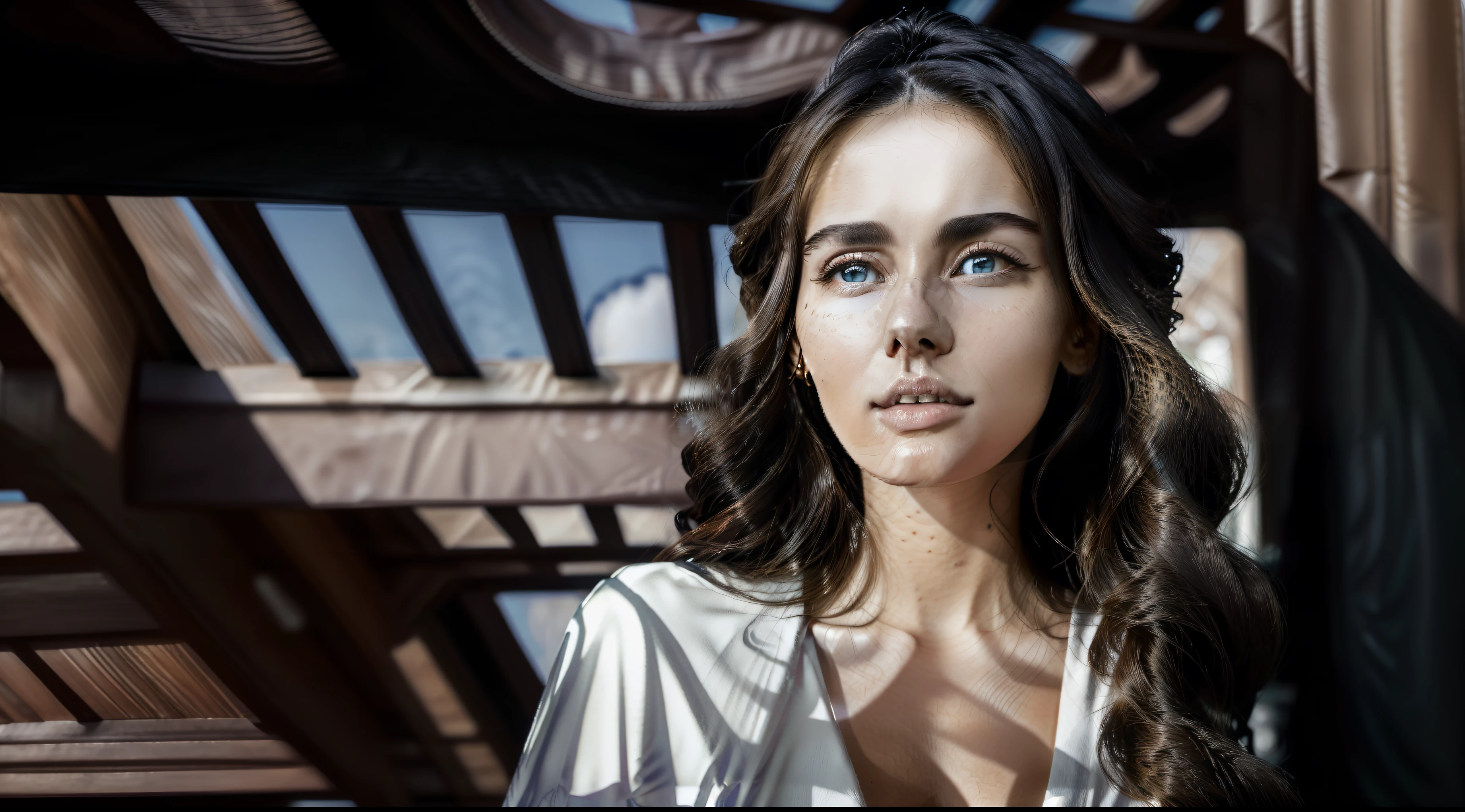 Masterpiece: 1.3), (8k, Photorealistic, Photo RAW, Best quality: 1.4), (UHD), (Ultra high realism), (Ultra high definition), (Ultra high detail), (Increase contrast), (Increase saturation), ((((1girl:1.3)))), A beautiful woman, ((Hybrid face between Monica Bellucci and Jennifer Connelly, 20 years old)), with a perfect figure: 1. 4, Cute face, Beautiful face, (Realistic face), Exquisite hairstyle, Bright light blue eyes with realistic details, beauty in every aspect, (Realistic skin), Radiant skin, with a natural tan tone, irresistible to look at, Ultra high definition, Ultra realistic, Highly detailed, (Large breasts: 1.3), (Cleavage: 0.8), A model with a Caucasian complexion, with a warm, Mediterranean skin tone, pose next to an archway, leaning slightly forward and looking through the passageway. Her arms may be relaxed at her sides or gently crossed, in Casco Viejo, the historical and cultural heart of Panama City, its cobblestone streets, colonial buildings, plazas and varied architecture, creating a unique environment to enhance your photos. Specifically, the Bóvedas del Casco Viejo exhibit historic arches that provide a distinctive photographic backdrop. The interplay between shadows and lights in the passageways creates an ideal artistic environment for photo shoots, (Loose and natural waves hairstyle, soft and tousled waves would enhance the Mediterranean and versatile beauty, large breasts: 1.3), (Neckline), necklace and earrings, ((Slender figure: 1. 2)), (Toned waist), firm and curvaceous buttocks, ((body measurements: 1.68 meters tall and the ratio of bust, weight and waist and hip measurements 99 x 63 x 91 cm)), ((plunging neckline)), ((Translucent white shirt over black underwear. Shirt ajar, with an elegant, casual dress style)), Shot in 70mm, 8k, Photorealistic, --q 5 --ar 16:9 --v 4, HQ, 8K (film grain: 1.3), 8k UHD, DSLR, soft lighting, high quality, HDRI, Fujifilm XT3
