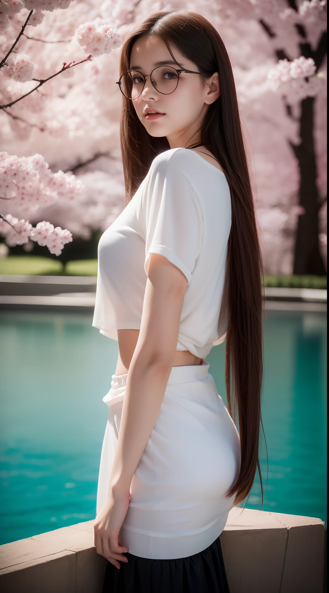 Beautiful young Margaret Qualley, The Last of Us, game, glasses, white shirt, tight shirt, wearing pretty top, large neckline, wearing simple tight clothes, mini skirt, white tights, hyperrealistic, 14 years old, body model, small breasts, beautiful breasts, long hair, layered hairstyle, blonde hair, long legs, 8k, in front of the lake, cherry blossom, sunlight, led lighting, blood on the wall, pool of blood, full of human remains, detailed reflection, anime style