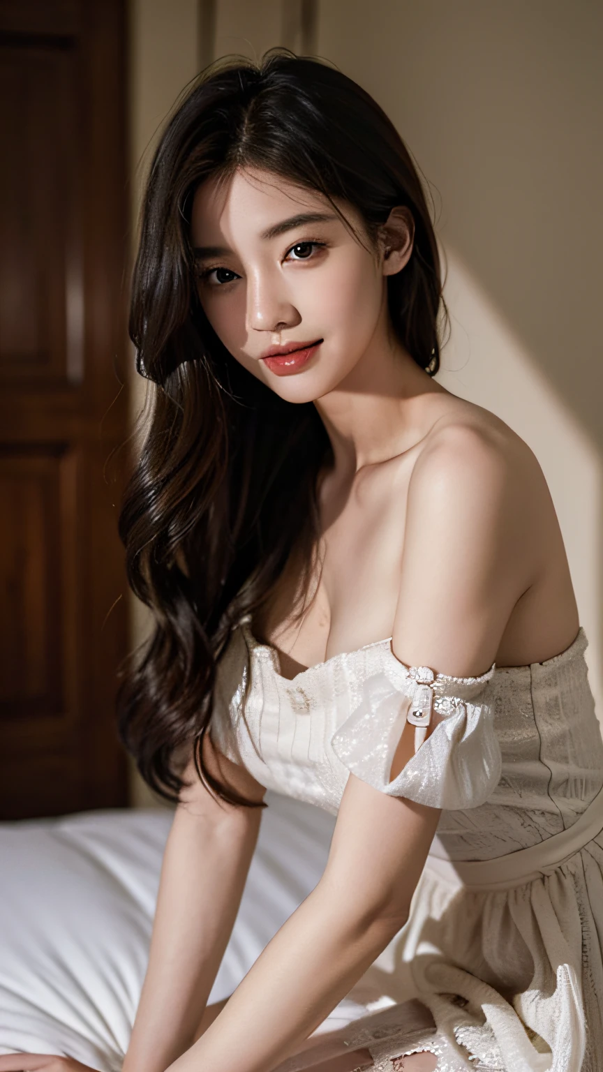 ((top-quality、8K、masterpiece:1.3))、a beauty girl、1 female、爆乳:1.3、Slender body type:1.1、Happy smiling face、blac hair、maid clothes:1,4、hyperdetailed face、Detailed lips、A detailed eye、二重まぶた、Kneel、