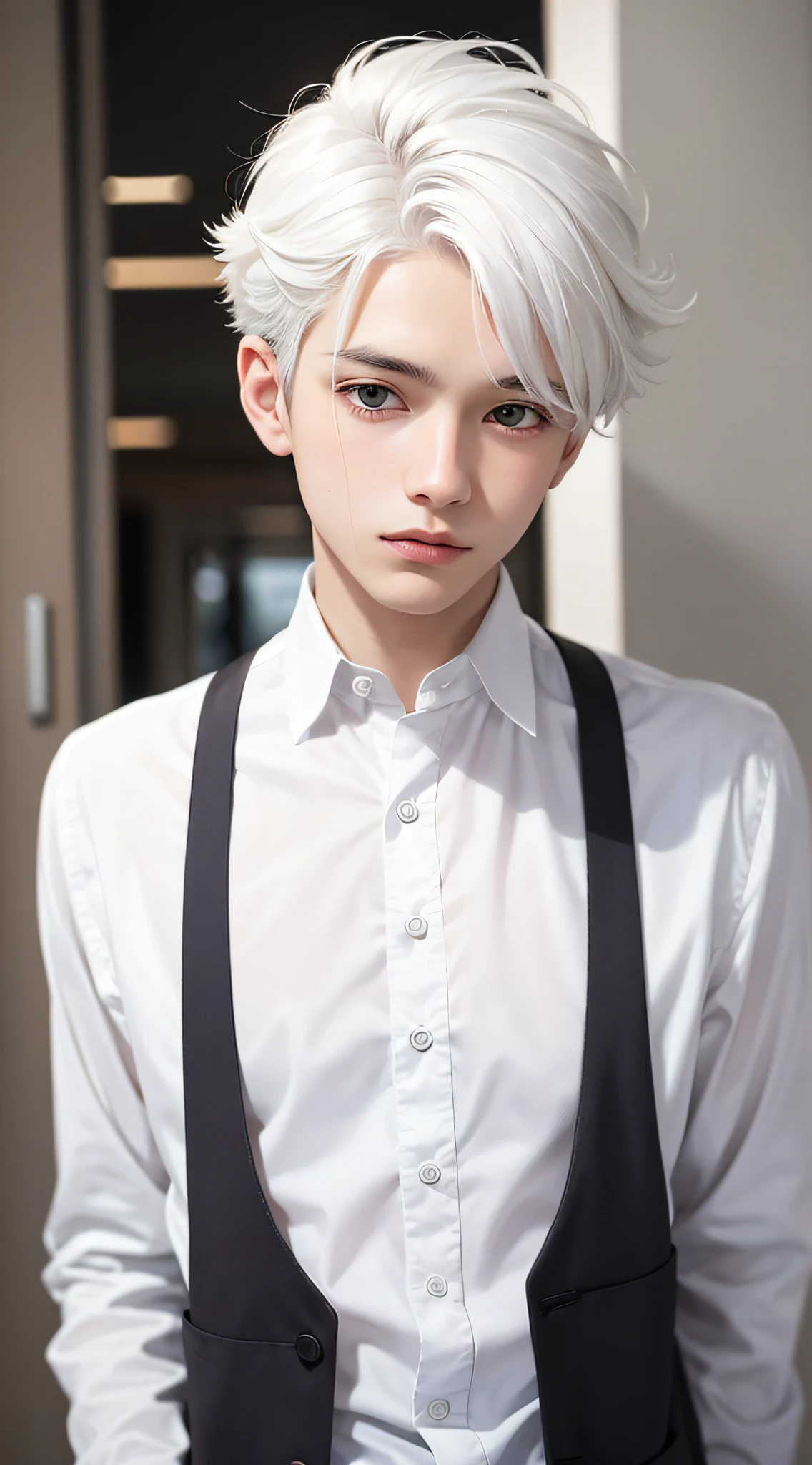 A boy with white hair，White shirt，Gutwez-style artwork，best qualtiy