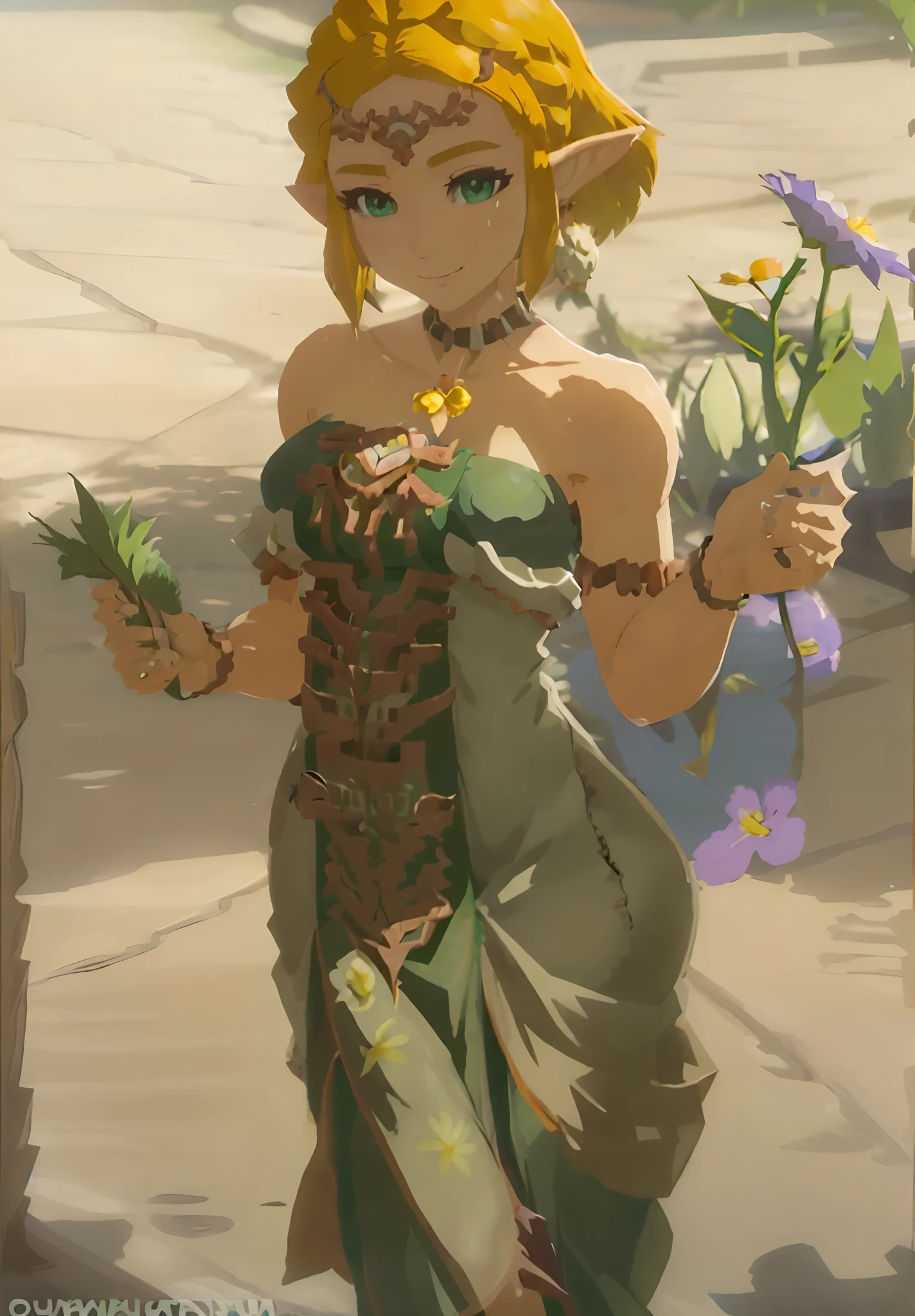 zeldatotk,1girl,smile,cel shading,full body in view,green eyes , (((busty))), (((big breast))), cleavage, (((holding a flower)))