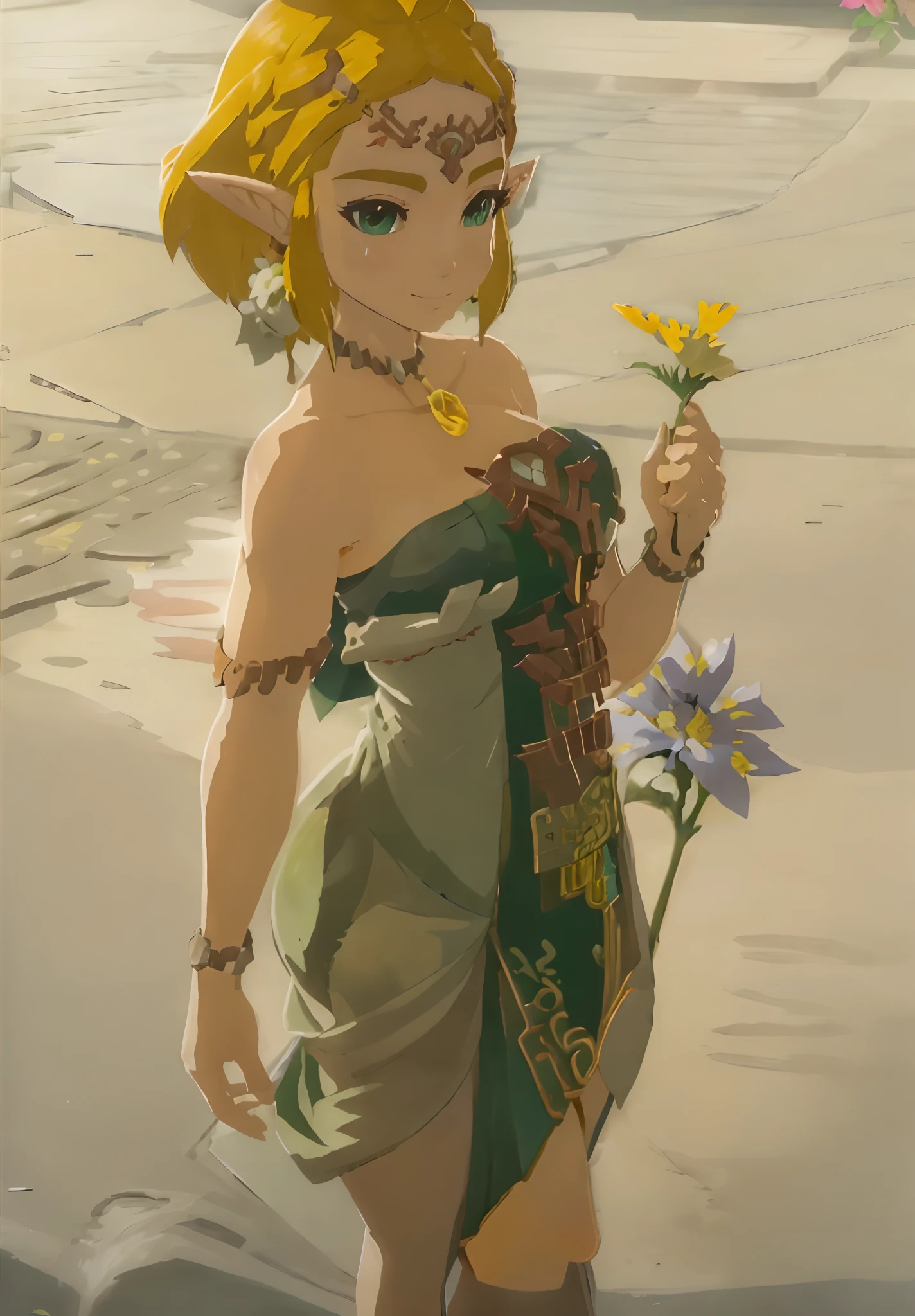 zeldatotk,1girl,smile,cel shading,full body in view,green eyes , (((busty))), (((big breast))), cleavage, (((holding a flower)))