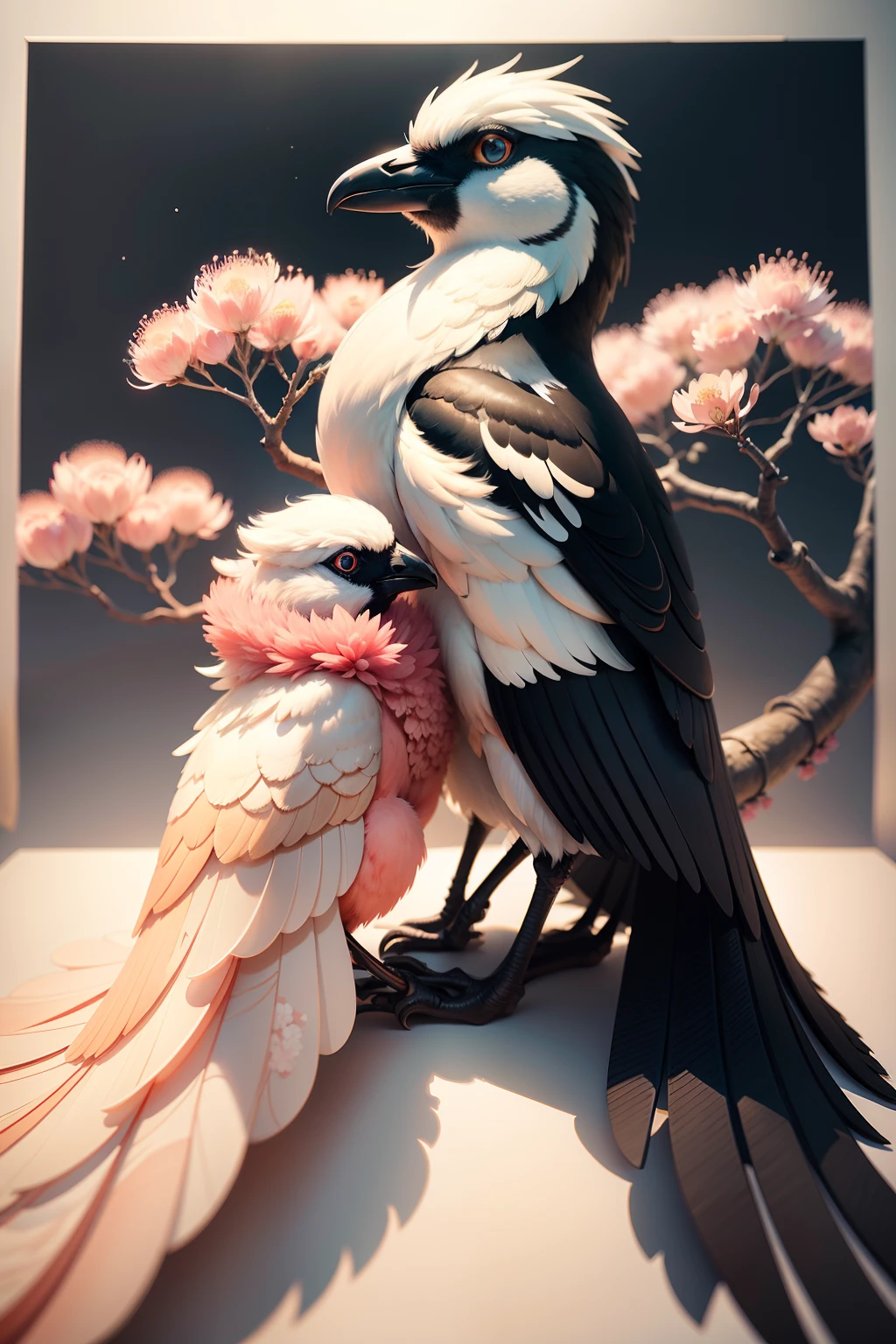 The main body is two magpies,In a wonderland of peach blossoms,Tanabata,White background,clean backdrop,Positive perspective,Hyper-realistic 3D landscape,Soft and bright,Chinese painting style,Studio lighting,8k