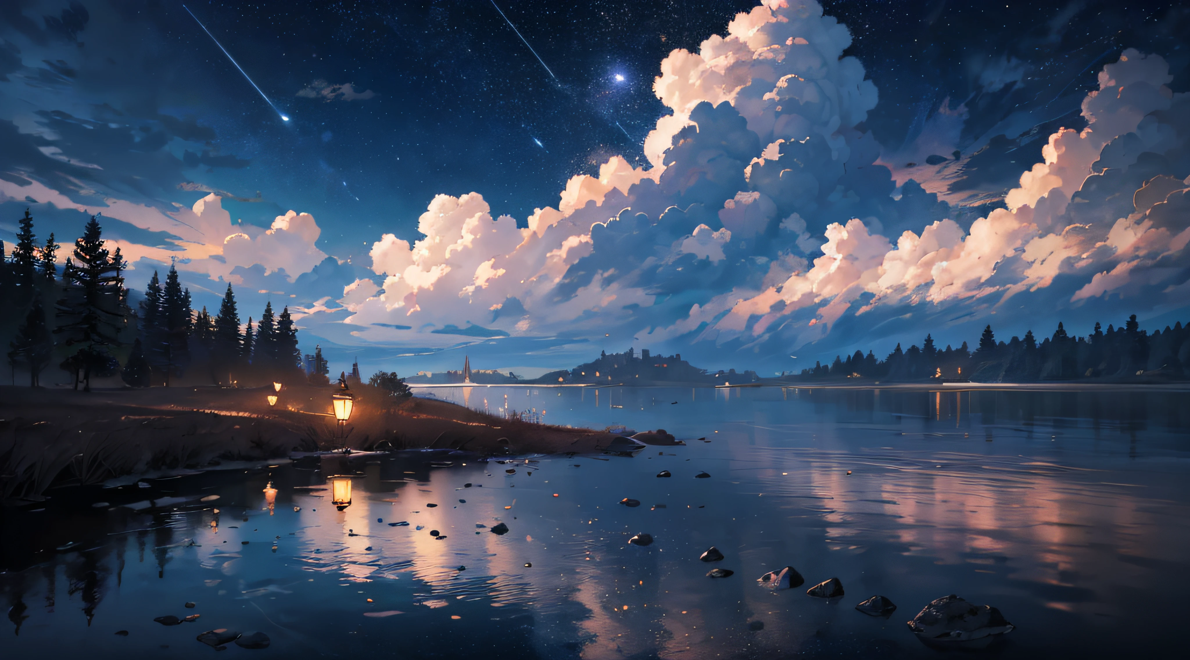 Expansive landscape photograph，（moon full：1.2），（meteors：0.9），（Starcloud：1.3），（Warm light source：1.2），（glowworm：1.2），lamp lights，Lots of purple and orange，Complicated details，Volumetriclighting，Realism BREAK（tmasterpiece：1.2），（best qualtiy），8K，Ultra-detailed，（dynamic compositions：1.4），The is very detailed，Colorful details，（Irridescent color：1.2），（luminouslighting，Atmospheric lighting），dream magical，magical，（独奏：1.2），（（best qualtiy））， （（tmasterpiece））， （the detail：1.4），depth of fields，maximum definition and sharpness，perfectly proportions，Fluttering clouds，Wallpapers