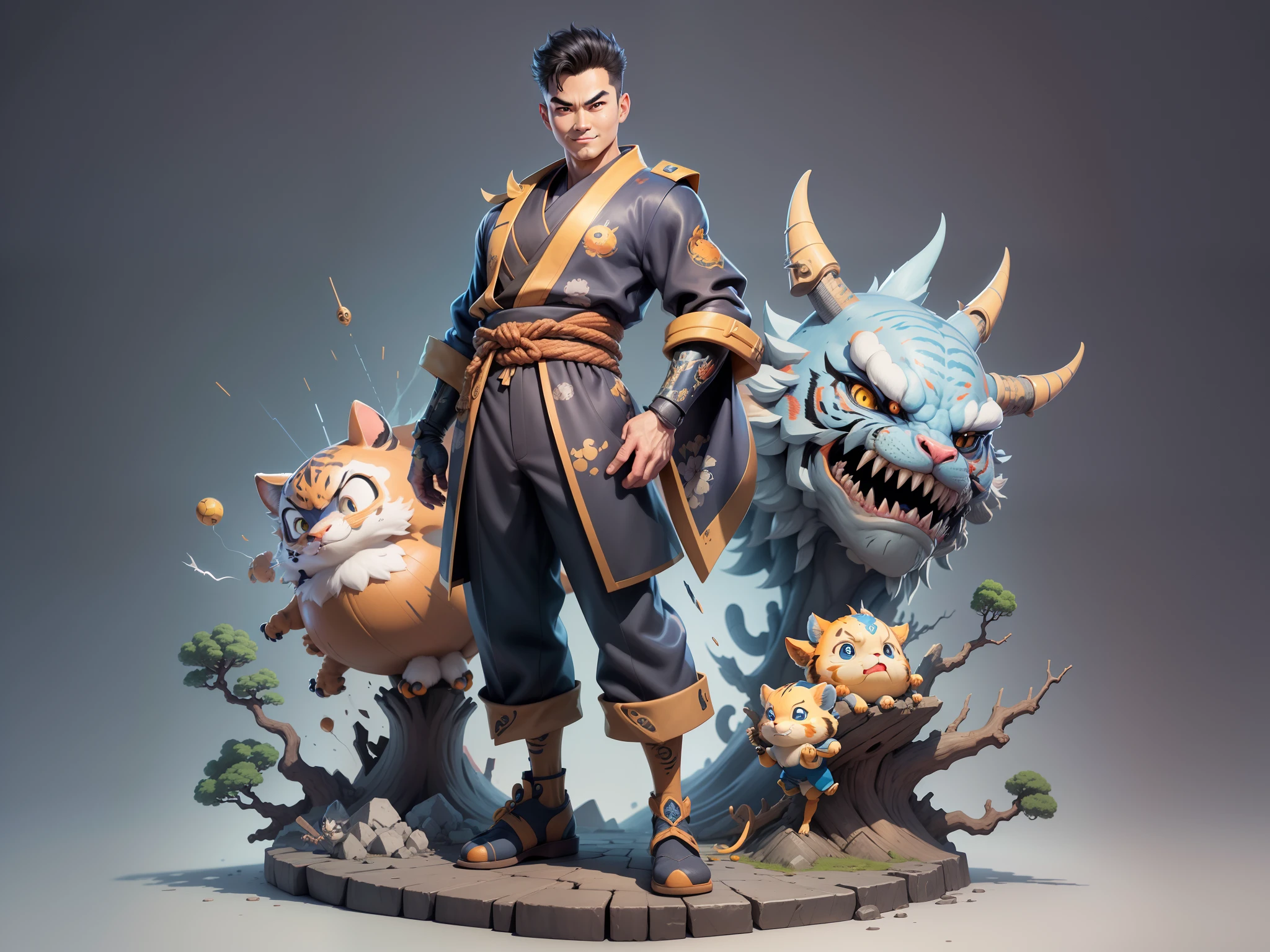 (Masterpiece), (Excellent), (Super Meticulous), (Full Body: 1.2), Super Young Man, Oriental Face, Japanese Kimono, Japanese Wind Thunder God, Dragon, Tiger, TV Anchor, Bust Portrait Illustration, Alone, Black Suit, Blue Tie, Slightly Chubby Face, Very Clean Face, No Beard, Black Super Short Hair, Black Eyes, Confident Smile, 3c Computer Sub-Products, iPad, iPhone, Digital Painting, 3D Character Design by Akira Toriyama and Mark Claireden and Pixar and Hayao Miyazaki, The illustration is a high-definition illustration in 4K resolution with very detailed facial features and cartoon-style visuals.
