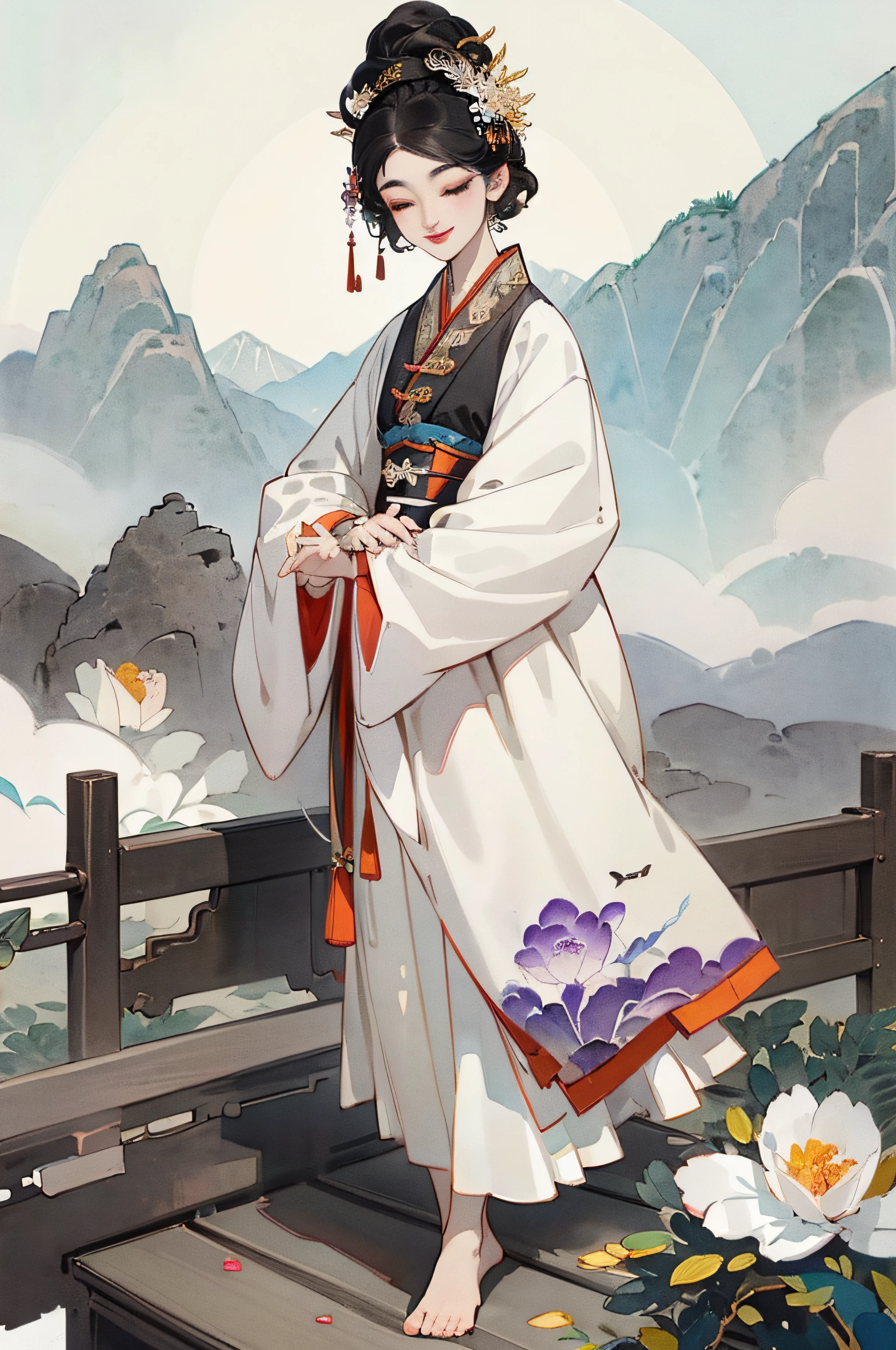 ((8K, Best quality)), ink and watercolor painting, Traditional Chinese painting, crocus, maxikit, Oriental ethnic color costume 1girl, Solo, cabelos preto e longos, ssmile, standing on your feet, Feet in the mountains, The barefoot, kanzashi, Closed eyes, Masterpiece，clubs ，Delicate and small face，Gentle temperament --auto