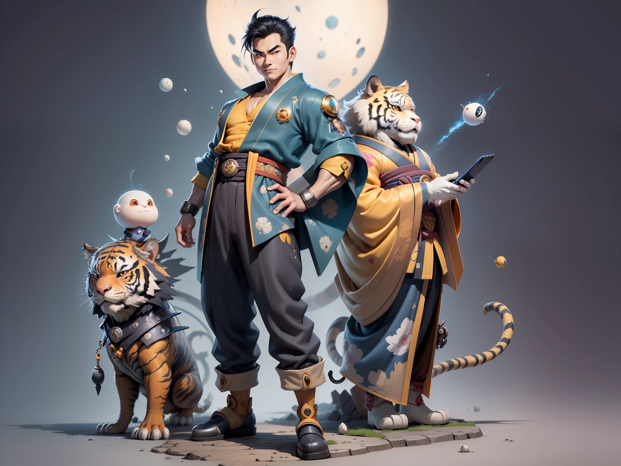 (Masterpiece), (Excellent), (Super Meticulous), (Full Body: 1.2), Super Young Man, Oriental Face, Japanese Kimono, Japanese Wind Thunder God, Dragon, Tiger, TV Anchor, Bust Portrait Illustration, Alone, Black Suit, Blue Tie, Slightly Chubby Face, Very Clean Face, No Beard, Black Super Short Hair, Black Eyes, Confident Smile, 3c Computer Sub-Products, iPad, iPhone, Digital Painting, 3D Character Design by Akira Toriyama and Mark Claireden and Pixar and Hayao Miyazaki, The illustration is a high-definition illustration in 4K resolution with very detailed facial features and cartoon-style visuals.