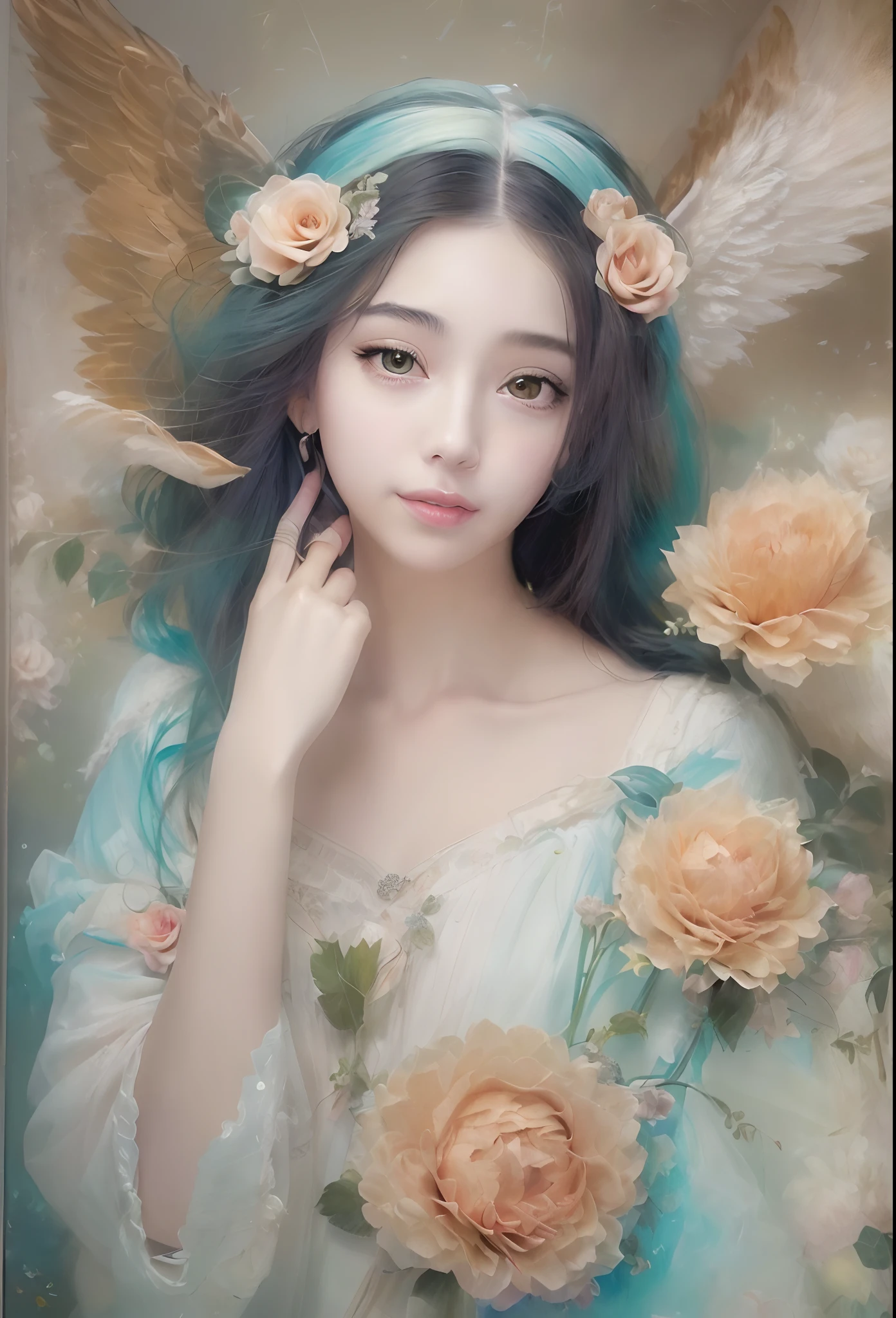 (Angel wings、😇、a smile、😌🥰Archaic Smile).hyper realstic、Ultra-realistic、Depiction of the human body without distortion、Monna Lisa、Woman in the Arms、Near and far law、Three-dimensional、Contemporary painting、moderno、world masterpiece、collection、Homage to the art or artist work of Picasso and Renoir, Not sentimental、Excellent portrayal、Gentle expression、More detailed character faces, Serious competition、Compositions like paintings、(Konmutsuki_Gacha_Series 1, punk_rosette), Realistic、Delicate brushwork、aqua color flowers, (Full body, elegant flowers background)
