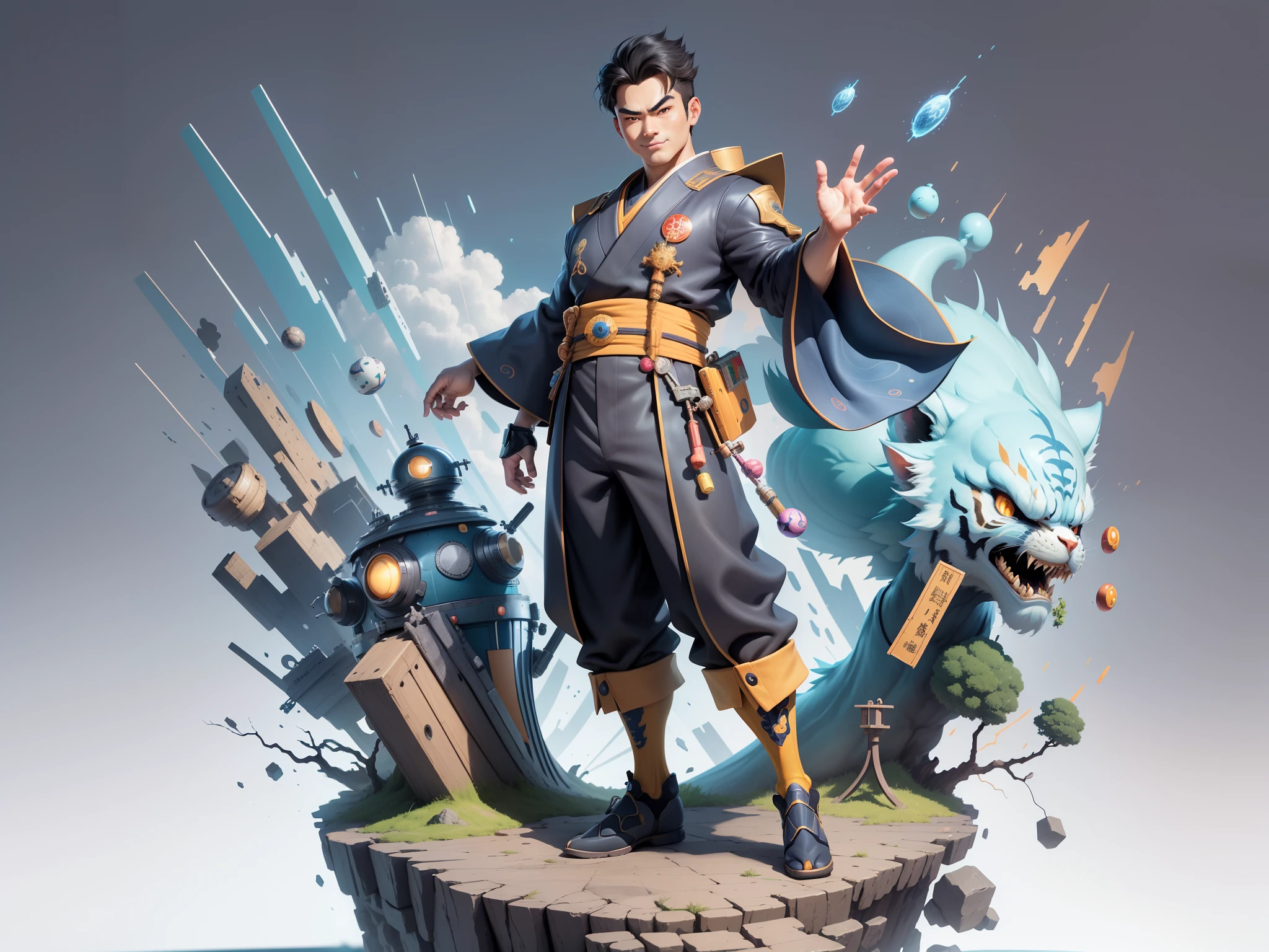 (Masterpiece), (Excellent), (Super Meticulous), (Full Body: 1.2), Super Young Man, Oriental Face, Japanese Kimono, Japanese Wind Thunder God, Dragon, Tiger, TV Anchor, Bust Portrait Illustration, Alone, Black Suit, Blue Tie, Slightly Chubby Face, Very Clean Face, No Beard, Black Super Short Hair, Black Eyes, Confident Smile, 3c Computer Sub-Products, iPad, iPhone, Digital Painting, 3D Character Design by Akira Toriyama and Mark Claireden and Pixar and Hayao Miyazaki, The illustration is a high-definition illustration in 4K resolution with very detailed facial features and cartoon-style visuals.