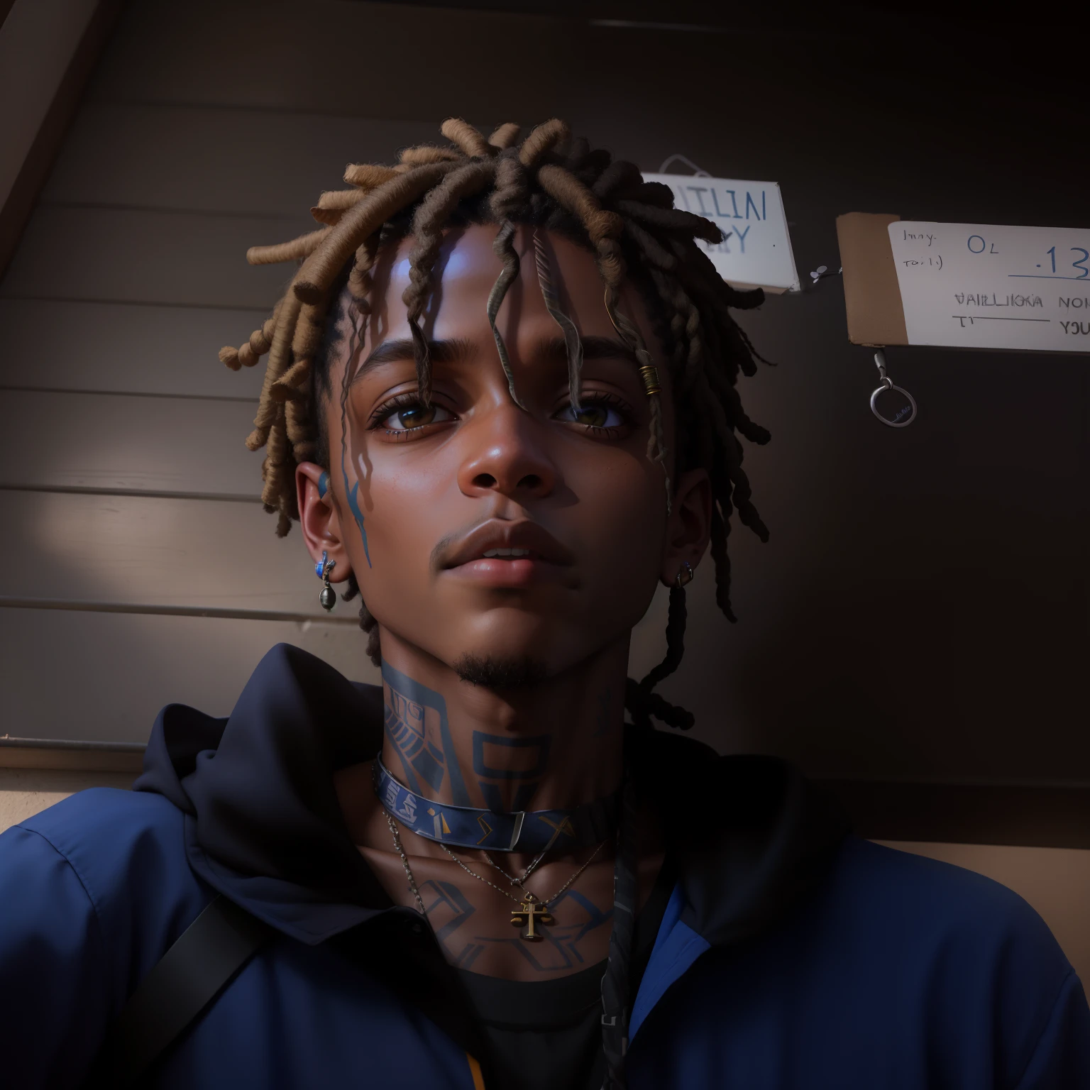 There's a man with dreadlocks and a blue shirt, xxxtentacion, Trippie assustado, usando uma bandana e corrente, pele bronzeada, em torno de 1 9 anos, No estilo de Tyler Mitchell, foto de perfil, imagem de qualidade muito baixa, um ciborgue biopunk adolescente, imagem de perfil, dessaturados!!, 1 6 anos, wears an egyptian ankh necklace