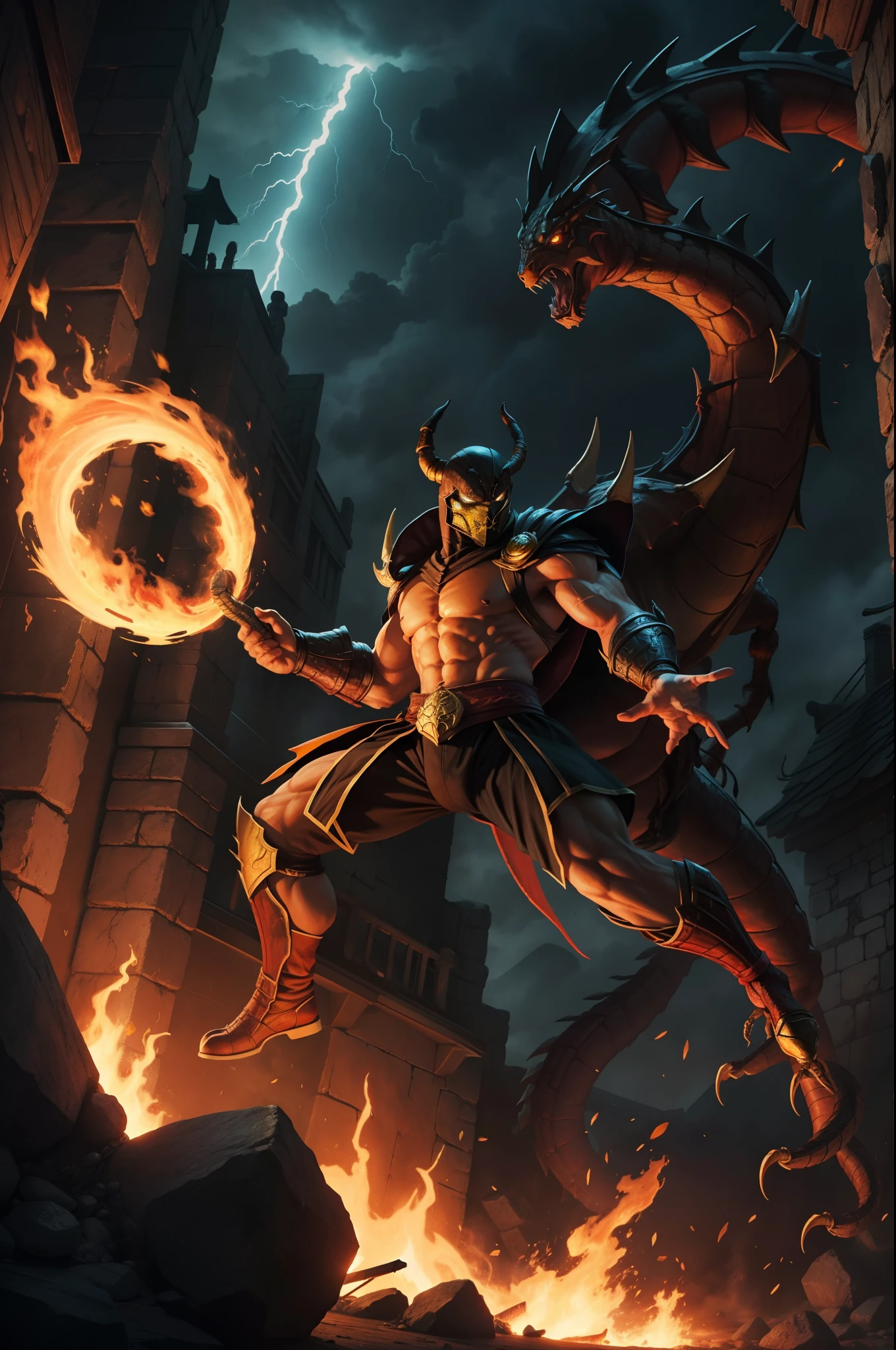 Scorpion from Mortal Kombat, with a fire dragon, Riden on Background with a Thunder, on Purgatory, very detailed