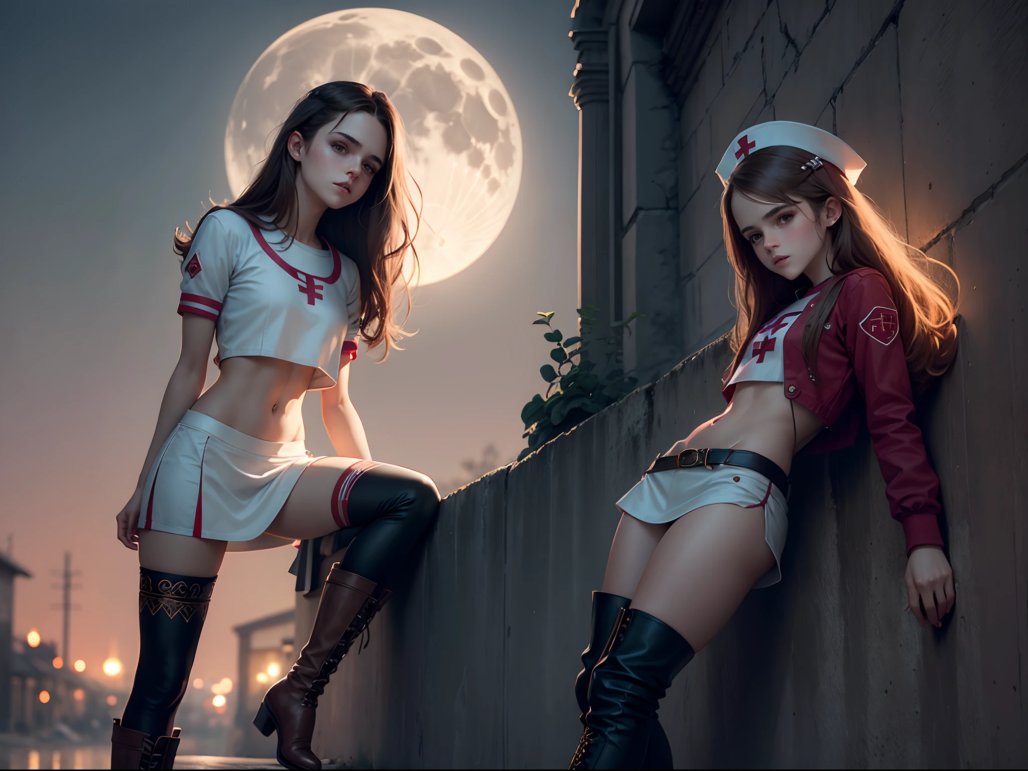 masterpiece. 1girl. emma watson dressed as a nurse. Detailed tight costume. crop top. Defined body. Slender. Small breasts. background moon. night. long hair. leaning on a wall that has intricate carvings and jewels. boots.