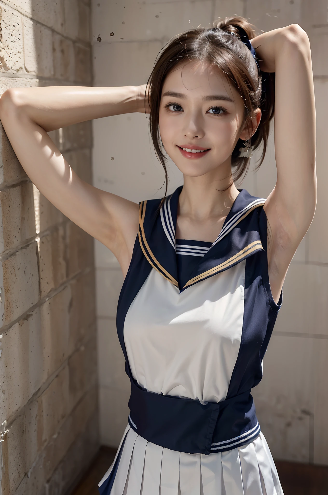 ((Pose with your hands up to show your armpits、Armpit、Show underarms、Damp and shiny armpits、Glossy armpits、Luminescent armpit、Ultra-realistic armpit wrinkles、Japanese high school girl、White sleeveless Japan schoolgirl uniform、Sleeveless High School Girl、Detailed armpit wrinkles、Ultra mini skirt、realistic armpit、Photograph the whole body、Full-body figure、Raise your hands to show your armpits、Glossy armpits、White sleeveless sailor suit uniform showing armpits on uniform、red lipsticks、ssmile、high-ponytail Hairstyle)), ((Summer clothes for schoolgirls、Showing off armpits in white sleeveless uniform、独奏、A smile)) 、(photos realistic、Show underarms、Armpits shine), (hight resolution), (8K), (ighly detailed), (Best Live Action), (beatiful detailed eyes), (top-quality), (ultra-detailliert), (masterpiece), (wall-paper), (详细的脸), drooing eyes,perspiring,Your body is shiny with sweat、Armpit,inner colored,独奏,Japanese high school girl、Sleeveless clothing、Sleeveless、Armpit、red lipsticks、 (hight resolution), (8K), (ighly detailed), (The best illustrations), (beatiful detailed eyes), (top-quality), (ultra-detailliert), (masterpiece), (wall-paper), (详细的脸), a park,Armpit, slim figure,short-hair,inner colored,独奏,Photograph the whole body、Full-body figure、Raise your hands to show your armpits、Armpit、 (photos realistic), (hight resolution), (8K), (ighly detailed), (Best Live Action), (beatiful detailed eyes), (top-quality), (ultra-detailliert), (masterpiece), (wall-paper), (详细的脸), drooing eyes、Armpit,High Ponytail、inner colored,独奏, Japanese high school girl、((Sailor Suit Sleeveless Uniform:1.4))、 (top-quality、8K、masterpiece:1.3)、Raw photography、realisitic、Photorealsitic、Beautiful legs、acurate、tre anatomically correct(masutepiece:1.2), Realistic,(A hyper-realistic), (illustratio), (Hi-Res), (8K), (ighly detailed), (The best illustrations), (beatiful detailed eyes), (top-quality), (ultra-detailliert), (Master masterpiece), (wall-paper), (详细的脸), drooing eyes,full of sweat,