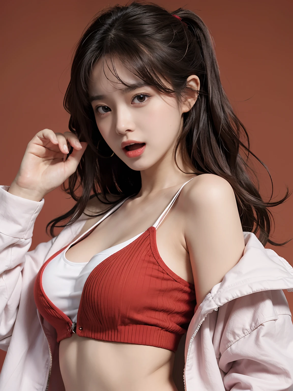 (((1girl))), hands up, brown long hair, tank-top, jacket, open shoulder, cowboy shot, bikini, medium breast, red background, open mouth, stick out her tongue out at viewers, red eyes, flushed,