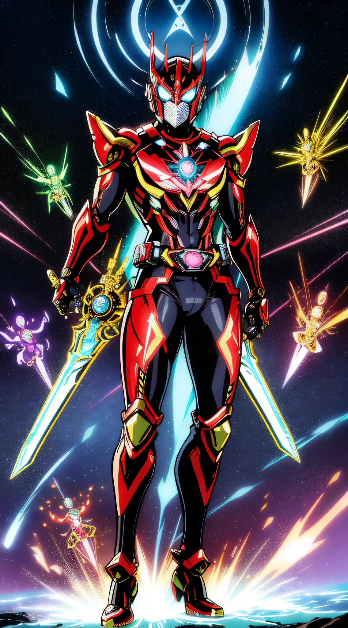Kamen Rider、Superhero、mechanical suit、Body Armor、Mechanical Armor、Metallic texture、One Man、helmets、muffler、big eye、Heisei Kamen Rider、Body Armor、mechanical suit、cyberpunked、Near future、Vivid Color、full bodyesbian、8K、Crisp Contours、tokusatsu、Transformation Belt、A bottle of liquid is stuck in the conversion belt like a cartridge、Kamen Rider with perfume motif、Electromechanical、male people、8 head body、Visible from head to toe、The scent of perfume wafts in the air、Japan horn、bright body color、Japanese Katana Sword、knifes、Doing action、Acrobatic stance、Kamen Rider Eau de Parfum、Fashionable、ciber、near future