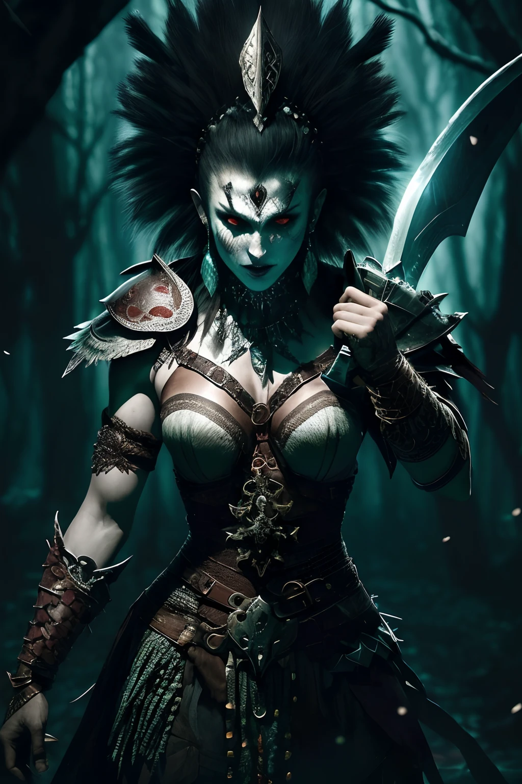(papel de parede 8k extremamente detalhado), A medium photo of a beautiful warrior necromancer woman in fear, intrincado, alto detalhe, Dramatic