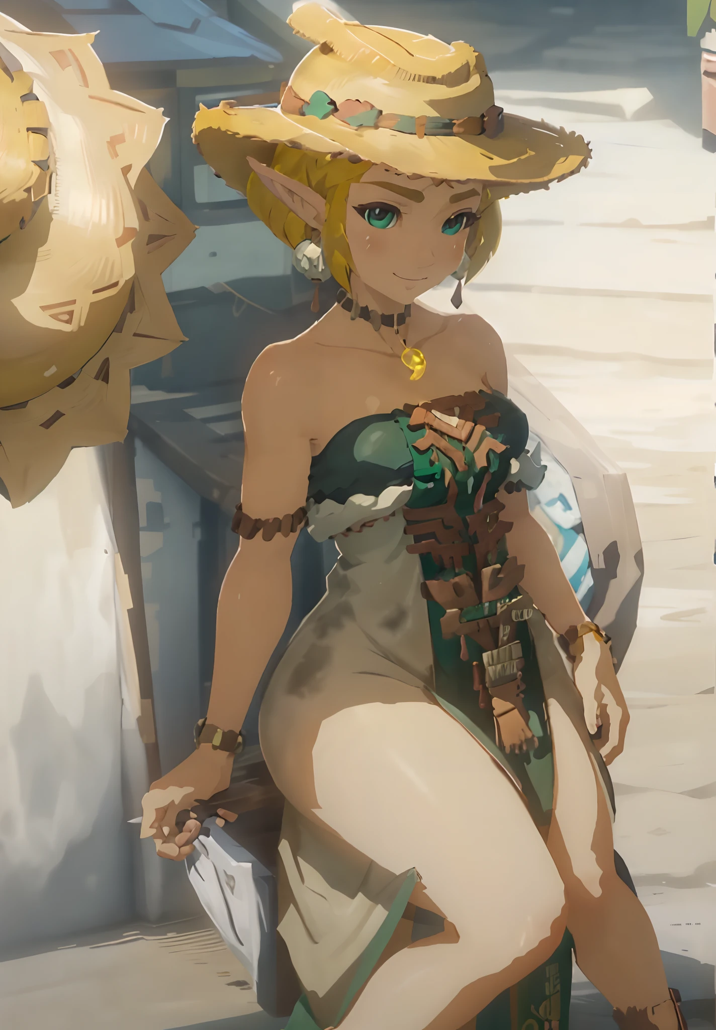 zeldatotk,1girl,smile,cel shading,full body in view,green eyes , (((busty))), (((big breast))), cleavage, (((straw hat)))