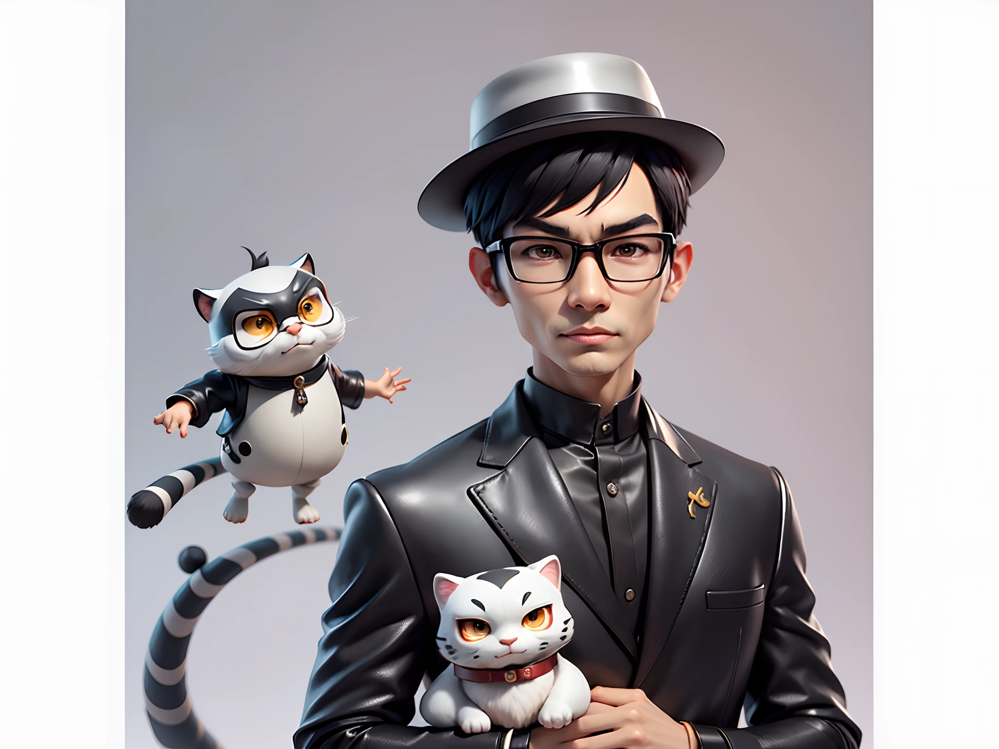 Young man with oriental face in leather hat, tiger, oriental face in formal suit, short black hair, silver glasses, digital painting, 3D character design by Mark Clairedon and Pixar and Hayao Miyazaki and Akira Toriyama, the illustration is a high-definition illustration in 4K resolution with very detailed facial features and cartoon-style visuals.