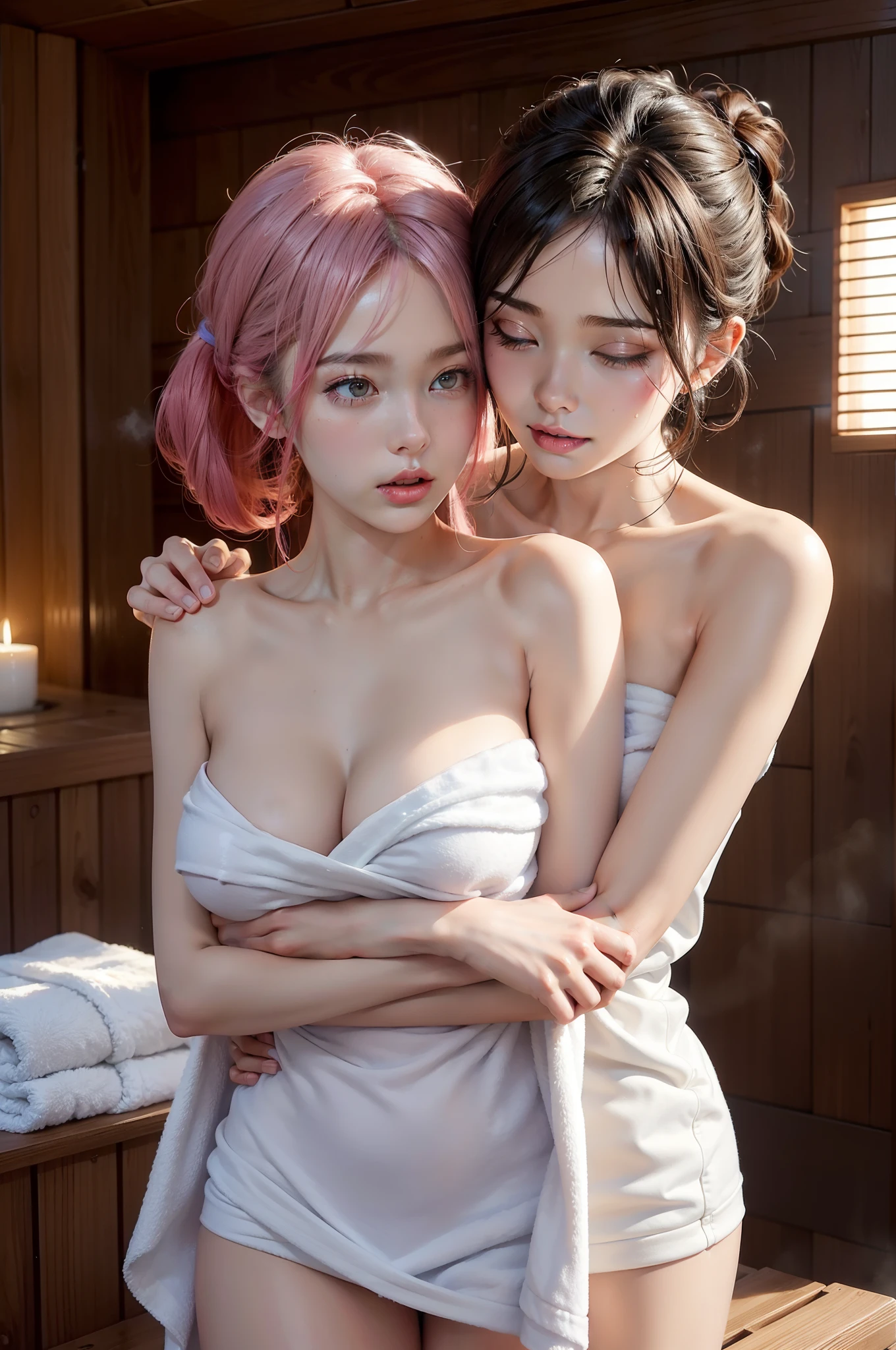 Beautuful Women Patterned hair One towel Hot perspiring 2guys embracing each other From woman to woman femele sauna Women hugging each other I love you breastsout wet Hot Wet towel Sheer heating Hot face perspiring wet