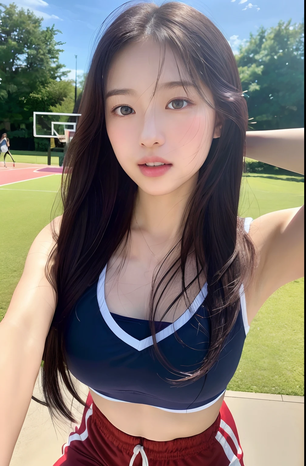 Close up portrait of woman walking in park in gym clothes、Japan Person Model、Young Sensual Gravure Idol、Young cute gravure idol、Realistic Young Gravure Idol、Realistic sensual gravure idol、Young gravure idols、sophisticated gravure idol、奈良美智、Young skinny gravure idol、beautifull asian girl ever、oppai、I got wet in the rain、The whole body is soaking wet、(masterpiece:1.3), (8K, Photorealsitic, Raw photography, Top image quality: 1.4), a japanese girl、Standard body shape:1.3、(Random hairstyles:1.2)、maikurobikini:1.2、Super Detail Face、Eye of Detail、二重まぶた、Super detail armpits、Lean forward to bring your chest closer、foco nítido:1.2、prety woman:1.4、light brown hair、top-quality、masterpiece、超A high resolution、(Photorealsitic:1.4)、Highly detailed and professional lighting smile、Background of the playground、Track and field athletes stretching、Tight white crop top、Red Racing Shorts、(8K、Raw photography、top-quality、masterpiece:1.2)、(realisitic、Photorealsitic:1.37)、ultra-detailliert、超A high resolution、Pioapple、1 girl in、A smile、beatiful detailed eyes、floting hair、bangss、Skin Texture、narrow waists、Slim waist、(Curve:0.4)、Belly buttons、an legs、电影灯光、profetional lighting、Thin face、a park、stroll(8k、top-quality、masterpiece:1.2)、(realisitic、Photorealsitic:1.37)、ultra-detailliert、top-quality、超A high resolution、professionally lit、Photon Mapping、Radio City、physically-based renderingt、Cinematic Lighting、Basketball court,depth of fields,Focusing,Sun'rays,Good composition,(Bokeh:1.2),女の子1人,(full bodyesbian),(Keep your mouth shut),Beautiful eyes,the pose,Constriction,Basketball Uniforms,A dark-haired,Unkempt hair,long hair flowing with the wind,(ulzzang-6500:1.2) mix4, hiqcgbody