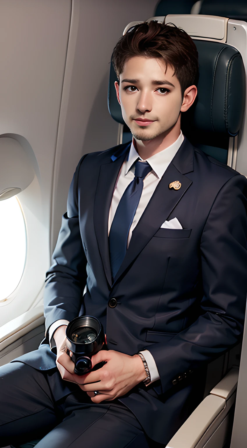 ((Men only)), (cowboy shot), (Handsome muscular male airline flight attendant in his 20s on an airplane), (gray suit with airline badge), (Chris Redfield),  Mischievous smile, (detaile: 1 in 1), Natural muscles, HIG quality, beautidful eyes, (Detailed face and eyes), (Face、: 1 / 2), Noise, Real Photographics、... ................................................................................................................PSD, Sharp Focus, High resolution 8K, realisitic & Professional Photography, 8K UHD, Soft lighting, High quality, Film grain, FujifilmXT3