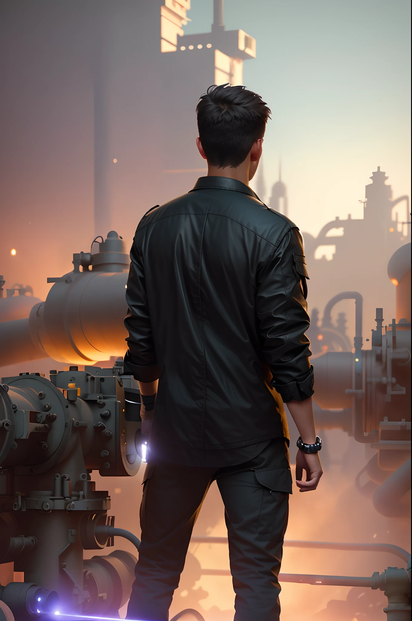 Perfect picture quality, rich details, cinematic light and shadow, 8k, pipeline, gas pipeline, factory, intricate pipes on both sides of the picture, there is a man walking the streets of the city at night,