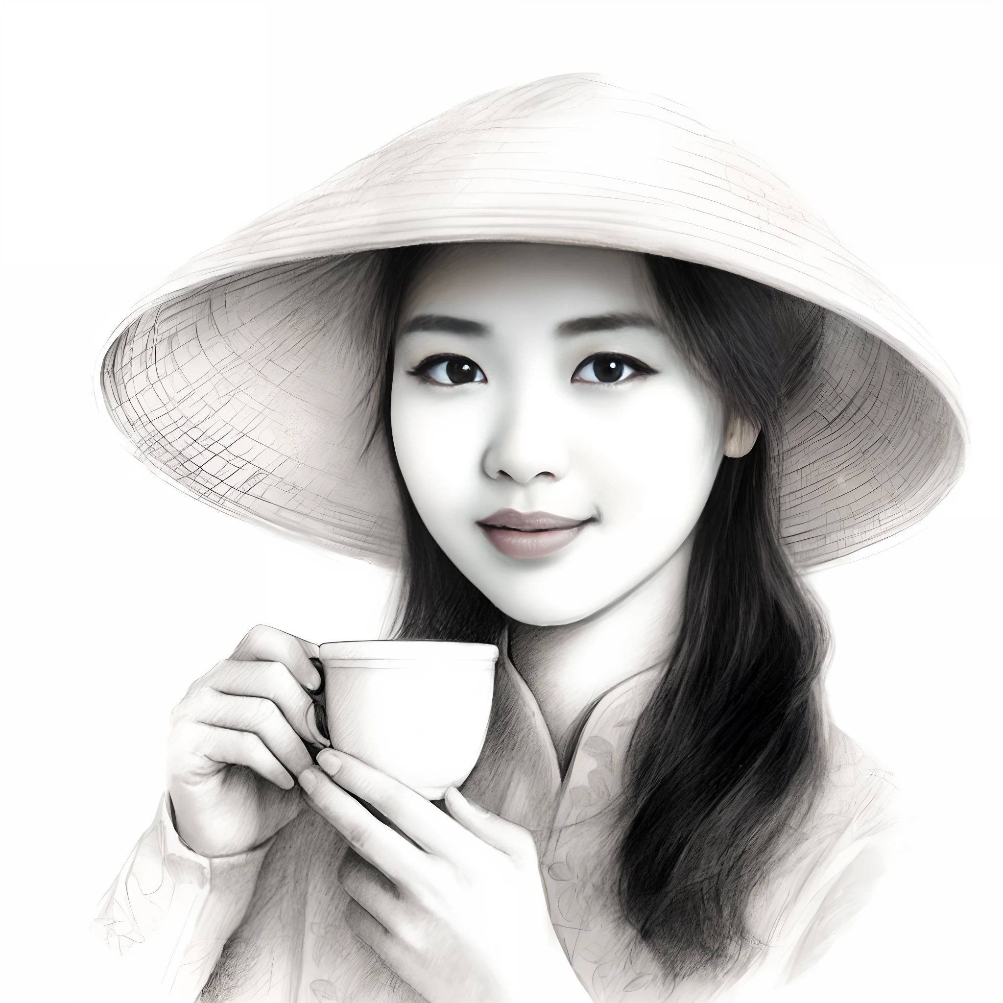 drawing of a woman in a hat holding a cup of coffee, vietnamese woman, pencil drawing illustration, detailed illustration portrait, sketch illustration, portrait of morning coffee, traditional portrait, portrait illustration, asian woman, detailed portrait, traditional drawing style, inspired by Tan Ting-pho, detailed face of a asian girl, drinking tea, highly detailed portrait, a beautiful artwork illustration