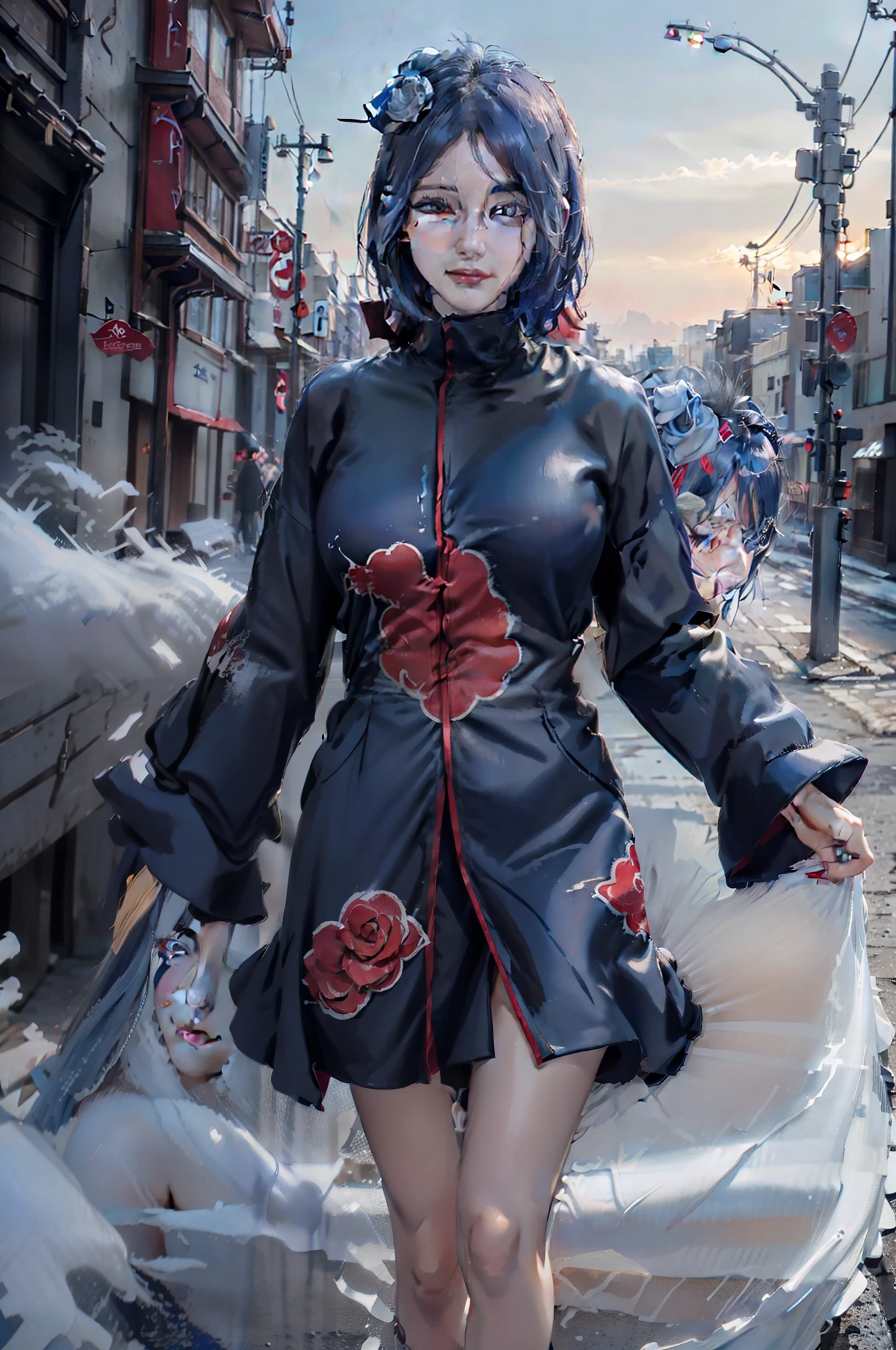 1girl, konan akatsuki, korean k-pop idol, blue hair, short hair, blue eyes, smile, very big breasts, black and red clothes, realistic, ultra detail, outdoor background
