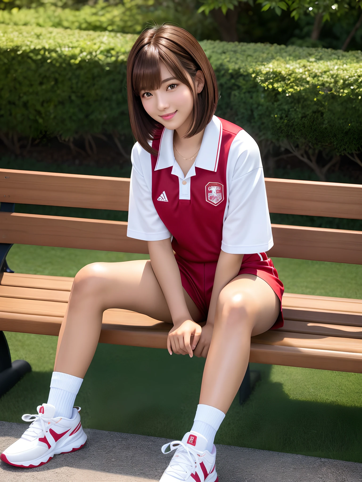 product quality, 1girl in 1photo, full body shot, front view, young pretty girl in Japan, 18 years old, sitting on a bench in a garden of a high school, a big smile, glamorous figure, wearing a red PE uniform,white socks, white sports shoes, in a short building, super cute face, glossy lips, double eyelids for both eyes, natural makeup, long eyelashes, shiny smooth light brown hair of long bob hairstyle, asymmetrical bangs, tanned skin, center image, 8K resolution, high resolution, detailed hairstyle, detailed face, spectacular movie lighting, octane rendering, vibrant, hyper realistic, perfect limbs, perfect anatomy