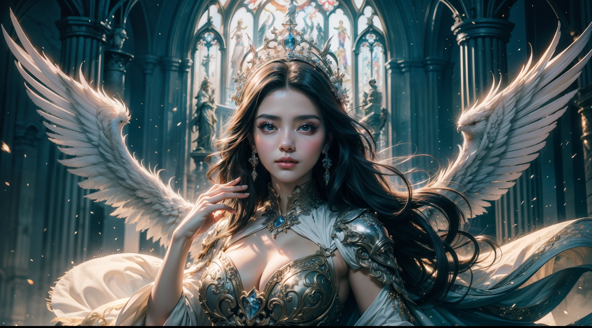 tmasterpiece,top-quality,best qualityer,offcial art,Beauty and aesthetics:1.2),(tmasterpiece:1.3), (8K, realisticlying, RAW photos, best qualtiy: 1.4), beauitful face, (photorealiscic face),超高分辨率, Ultra photo realsisim, highly detailed, the golden ratio, (Award-winning digital artwork:1.3) af (sketching:1.3),(with dynamism:1.3),(Saturation:1.3),(Close portrait:1.3),illusory engine, (High detail: 1.9),(femele:1.4),(big breasts beautiful: 1.4),(carismatic:1.3),Huge white wings,Large breasts,long white robe,Complex patterns,Glowing sword,The background is the church