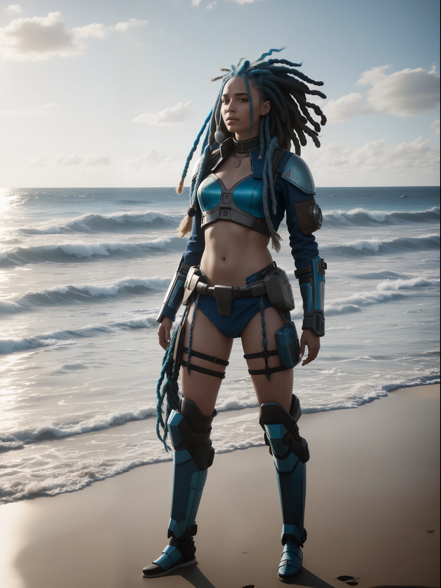 a woman with blue hair and dreadlocks standing on a beach , cgsociety, antipodeans movie still, reimagined by industrial light and magic