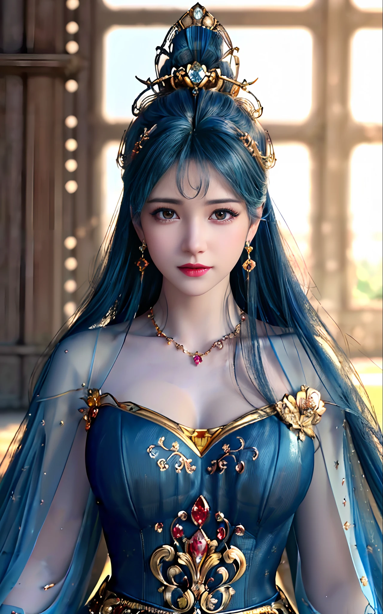 ((realisticity: 1.2)), ((best resolution: 8K UHD)), best quality,masterpiece,highres,cg,
((1 super detailed and super realistic girl)), ((very beautiful queen dazzling, super realistic, and super detailed)),((white skin, beautiful, smooth, youthful, super realistic and super detailed
)), long hair, ((super realistic and super detailed dress)), solo, ((super realistic, super beautiful, gorgeous and super detailed jewelry)), ((super beautiful, super realistic and super detailed dark red and golden yellow dress)),
((super beautiful, super realistic, super detailed diamond filled earrings)),
((super beautiful, super realistic and super detailed diamond filled hair ornament)), ((super beautiful upper body, super beautiful, super realistic and super detailed)), ((big breasts: 2.5)),
((super grand, super realistic and super detailed royal palace backgroun))
((super beautiful, super beautiful, super realistic and super detailed hair bun)), ((super beautiful, super realistic and super detailed blue hair)),
candid, Photograph, high resolution, 8k,Bokeh,