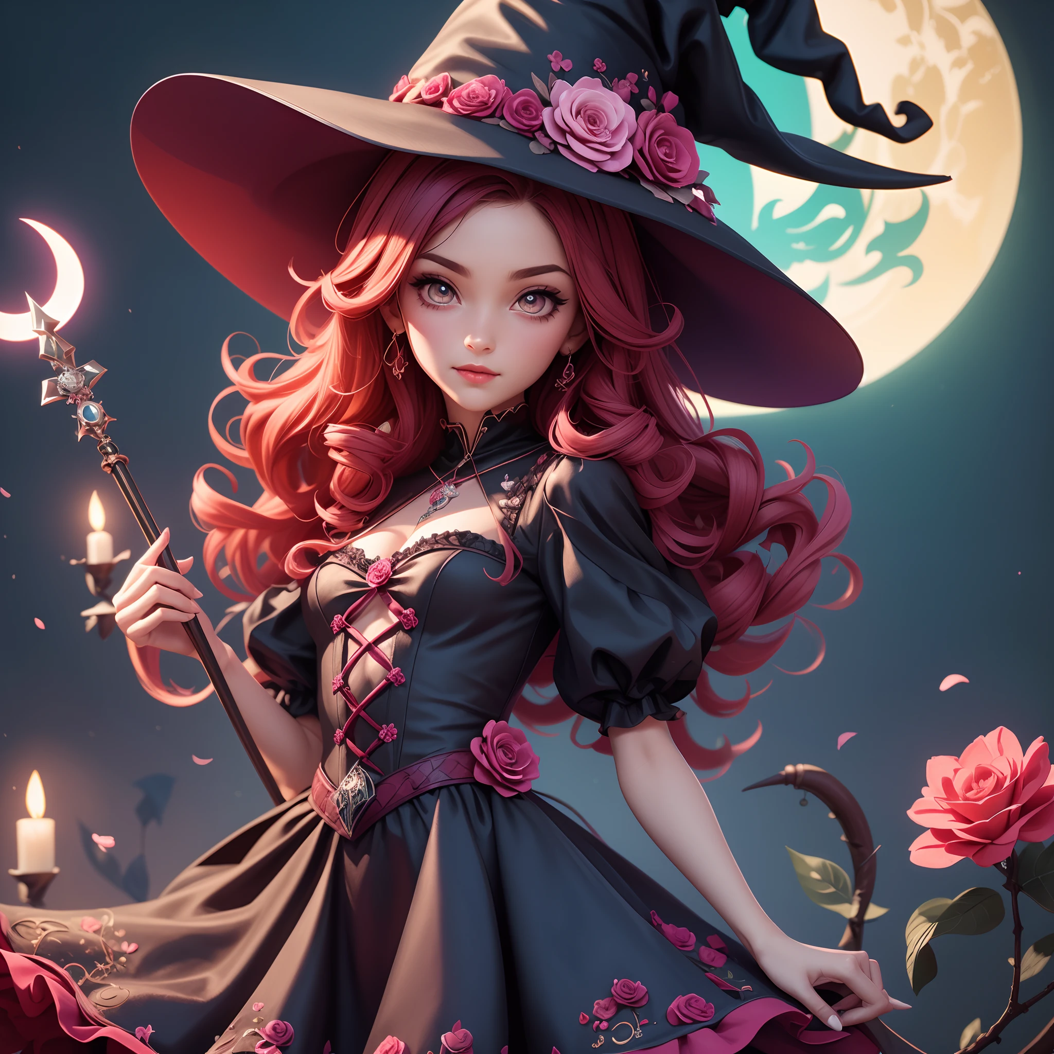 Witch, Deep cerise colors, cute curly hair, witch hat and witch outfit with a lovely flower design, flower wand, masterpiece, best quality
