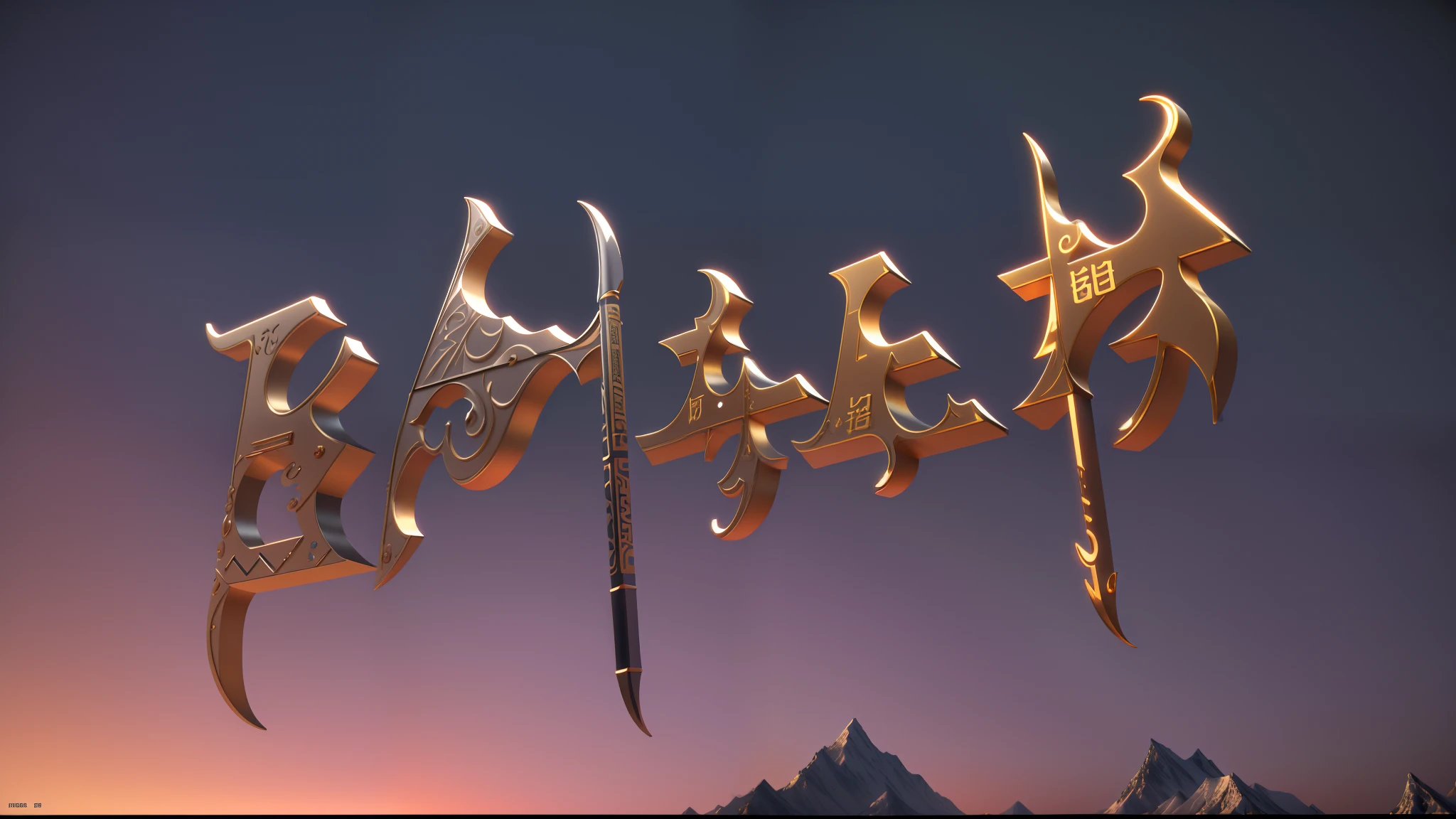 Stereogram in the sky,The font must be three-dimensional and metallic,The font is full of various musical elements,mike,Musical notation,guitar,Metal ball,stave,The feeling of the various elements is clear,Delicate,The scene behind is a mountain and river scene,Various elements: Made in gold,The texture is strong and clear,Rendering effects,The scene is colorful,Super delicate,The music feels intense,unreal 5 engine highlly render, Rendered in Cinema4D, rendered in cinema 4 d, golden chinese text, 8 k cg render, 3d 8k render, 8k vray render, luxury hd render, intricate 8 k render, 3D rendering of well-lit fronts