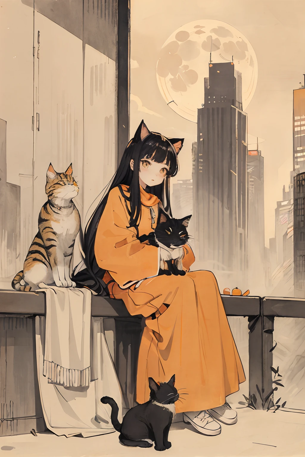 cat, orange, cute, big eyes, masterpiece, full moon, skyscrapers, street