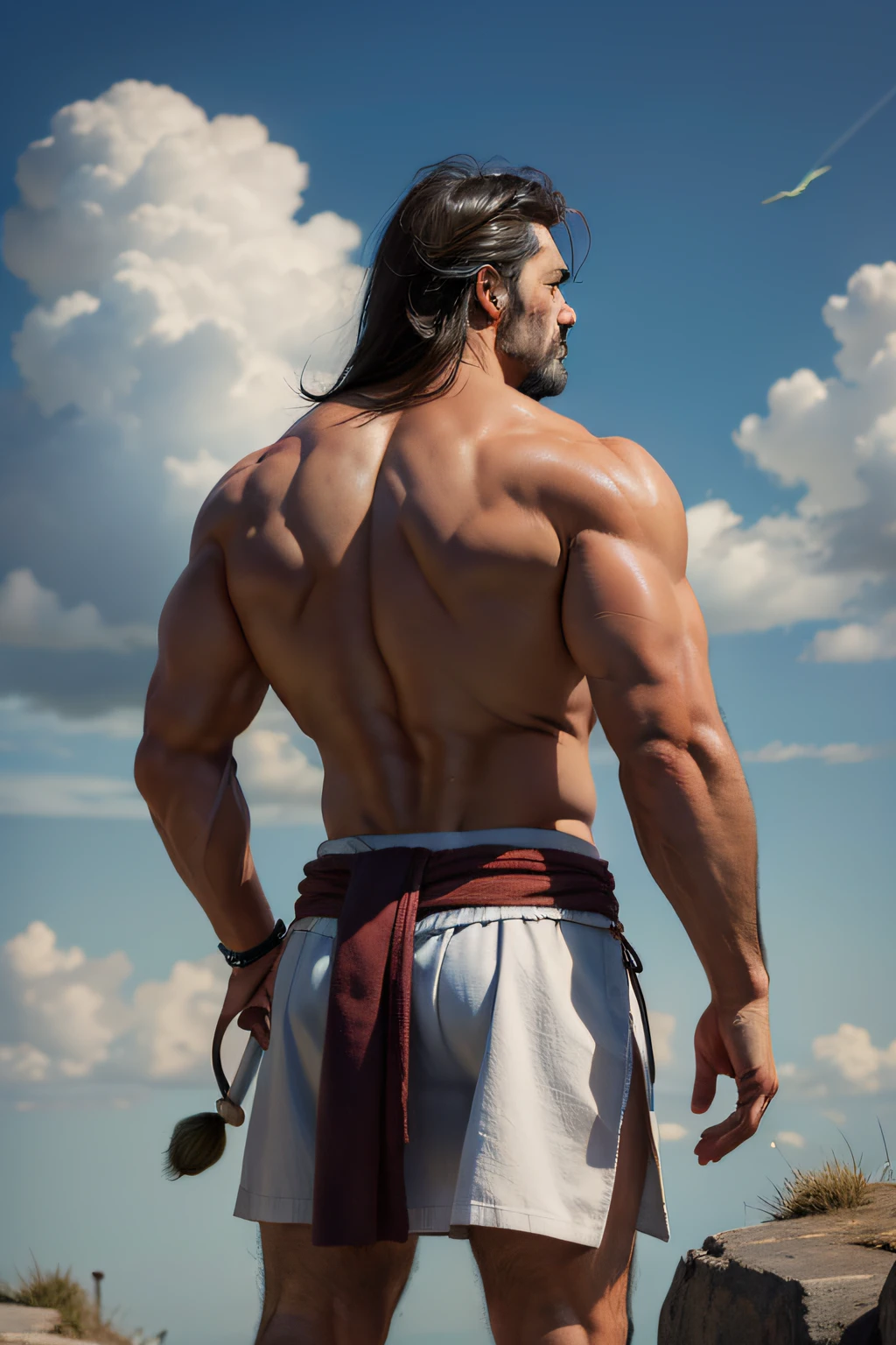 A middle-aged man stands on a cloud,Fly in the sky,detailed back ground,super high image quality,the detail,musculous, Muscular body,Asia face,attractive beefy man,50-year-old man ,sport, big muscular man, partially male hairy torso, Wet pubic hair,perspire,Drenched, musculous, Muscular body, hairy chest and hairy body, loincloth