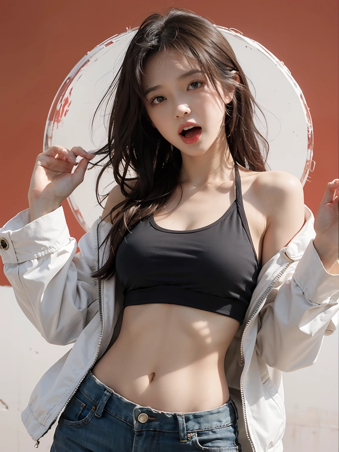 (((1girl))), hands up, brown long hair, tank-top, jacket, open shoulder, cowboy shot, bikini, medium breast, red background, open mouth, stick out her tongue out at viewers, red eyes, flushed,