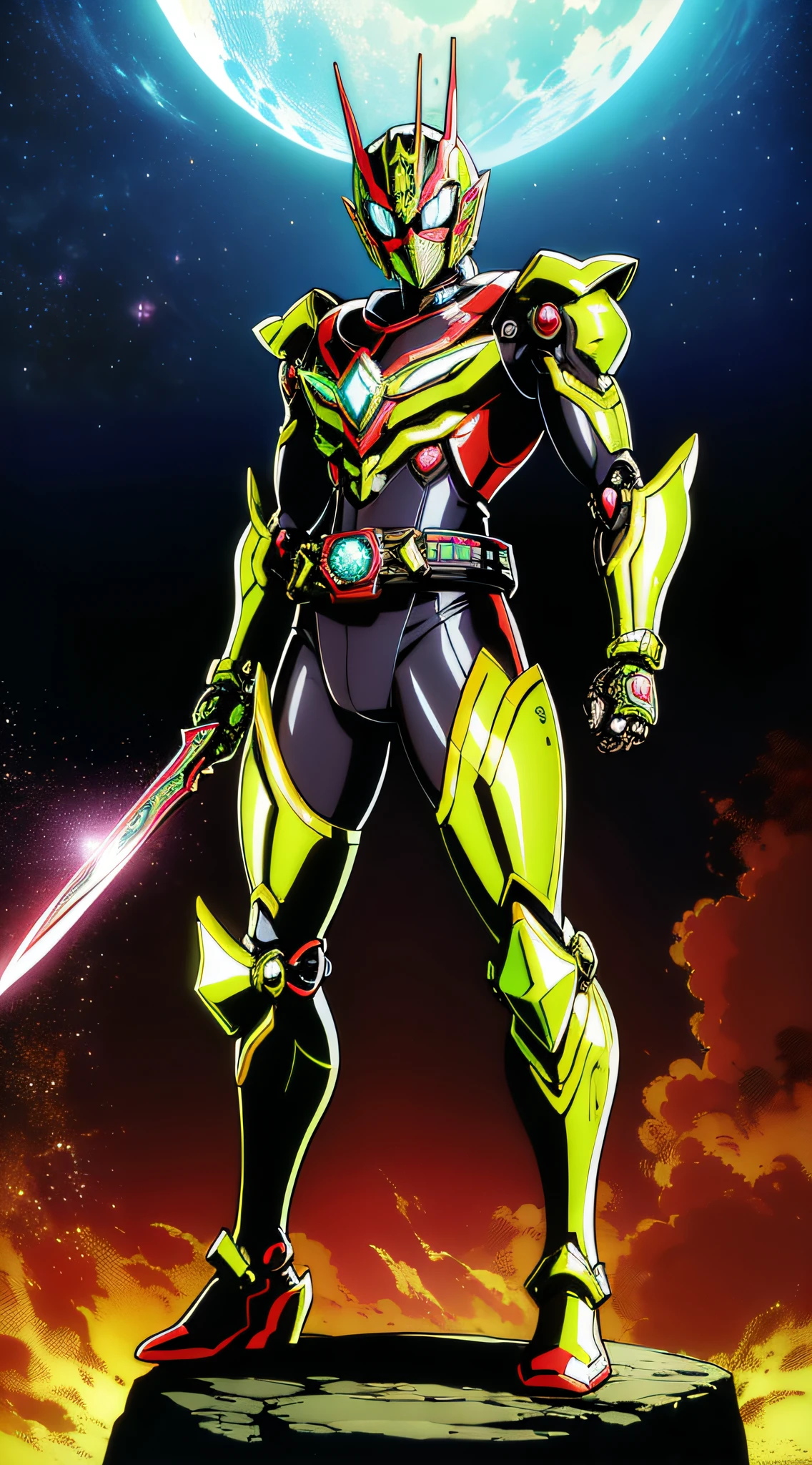 Kamen Rider、Superhero、mechanical suit、Body Armor、Mechanical Armor、Metallic texture、One Man、helmets、muffler、big eye、Heisei Kamen Rider、Body Armor、mechanical suit、cyberpunked、Near future、Vivid Color、full body Esbian、8K、Crisp Contours、tokusatsu、Transformation Belt、A bottle of liquid is stuck in the conversion belt like a cartridge、Kamen Rider with perfume motif、Electromechanical、male people、8 Head Body、Visible from head to toe、The scent of perfume wafts in the air、Japan Horn、bright body color、Japanese Katana Sword、Knives、Take action、Acrobatic stance、Kamen Rider Eau de Parfum、Fashionable、ciber、Near future、Theme color is green、Bright green armor、