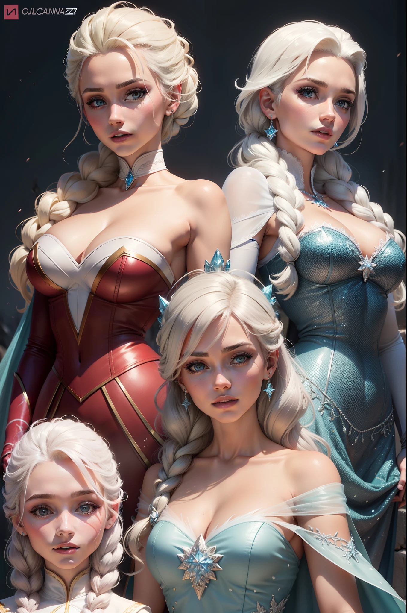 Personagem Elsa do filme Frozen da Disney, adulto, olhos azuis, cabelos brancos como os do personagem, foco nos detalhes do rosto do personagem, roupa de inverno sexy, sorrir, bochechas rosadas, de costas, calcinha vermelha, bunda aparecendo, melhorar nariz