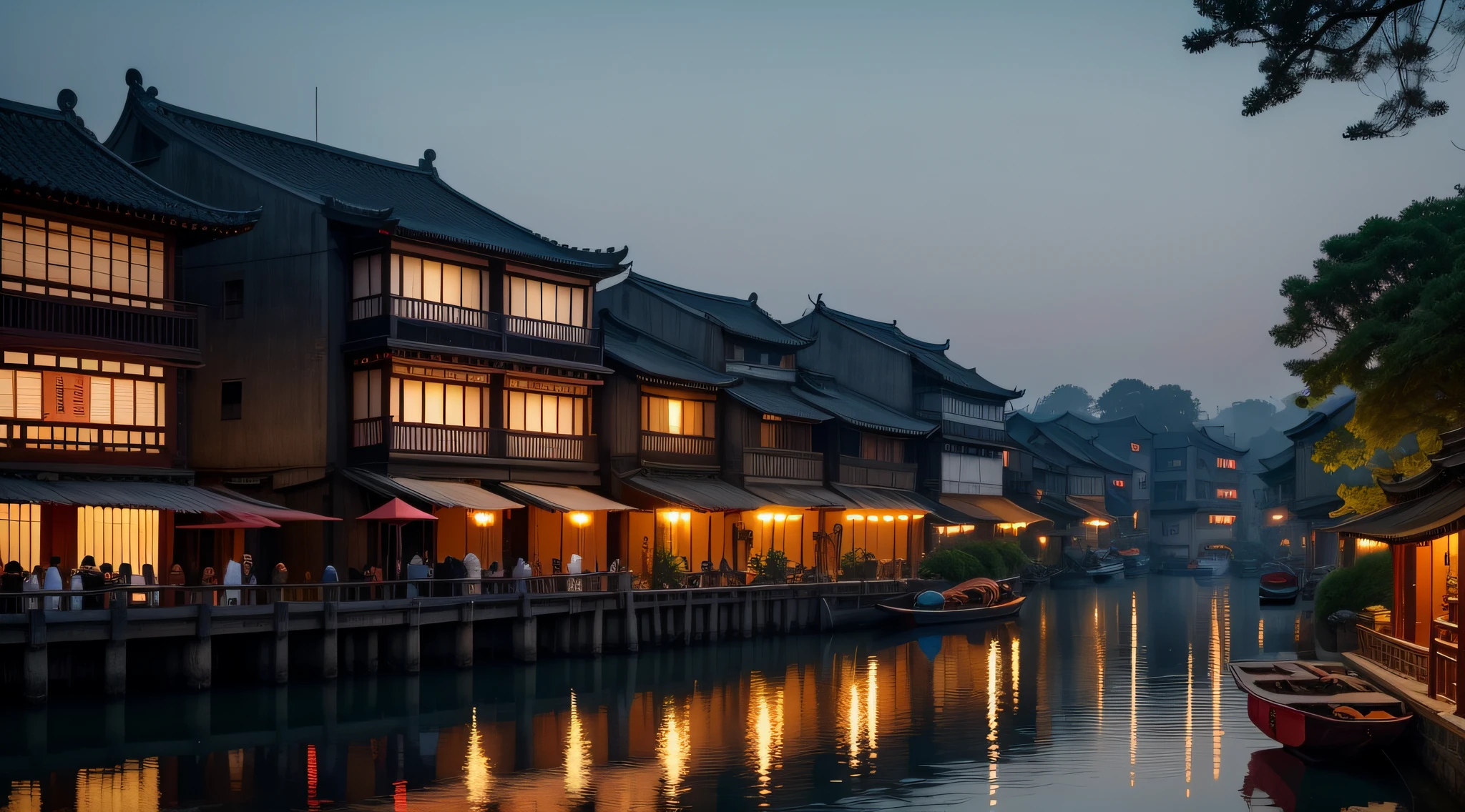 In the evening，Jiangnan Water Town Central，A small boat passed leisurely。On the left of the picture is a beautiful building，The surrounding area is full of tourists。