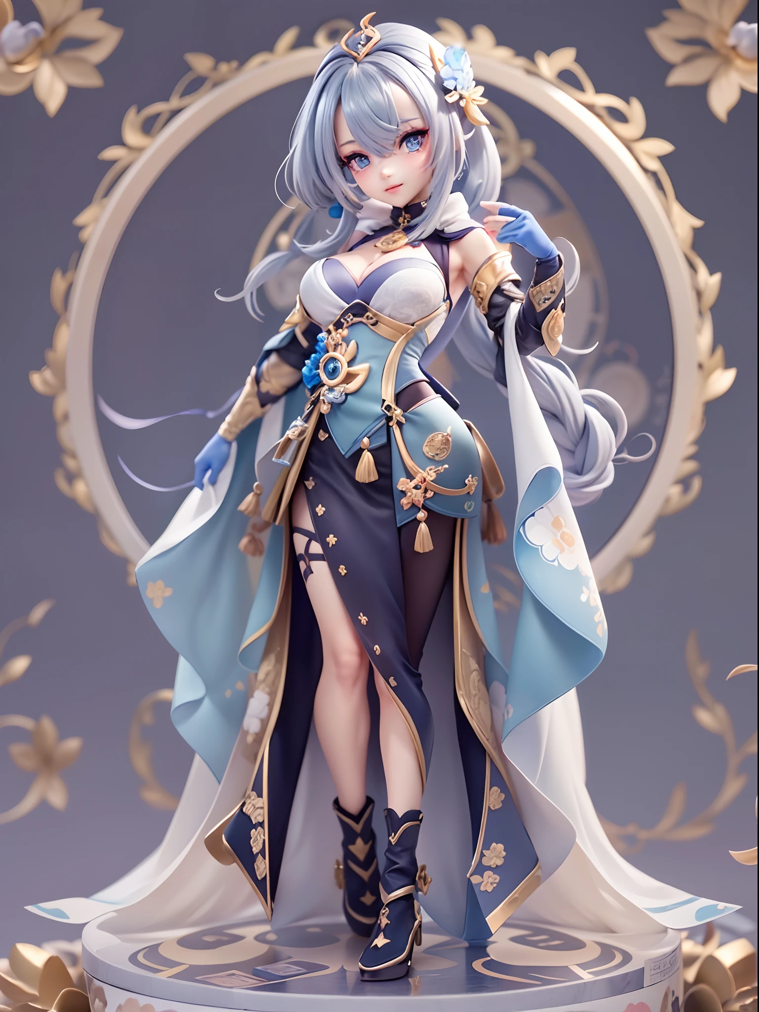(Blind box toy style:1.3), ((Full body shot:1.4)) (((anatomy correct))),((1girl, solo)),(masterpiece:1.3), ,high quality, (SOLO:1.4), whole body, (((shenhe,genshin impact))), smile,grey hair,long hair,hair ornament, blue eyes,braided ponytail,puffy sleeves,gold trim,gloves,bodysuit,large breasts,breast curtain, shoulder cutout,covered navel,hip vent,clothing cutout, tassel,grey background, masterpiece, best quality, solo, standing, ((circular base:1.5))(Global illumination, Ray traching, hdr, unreal render,reasonable design, high detal, Masterpiece, Best quality, hyper HD, Cinematic lighting)