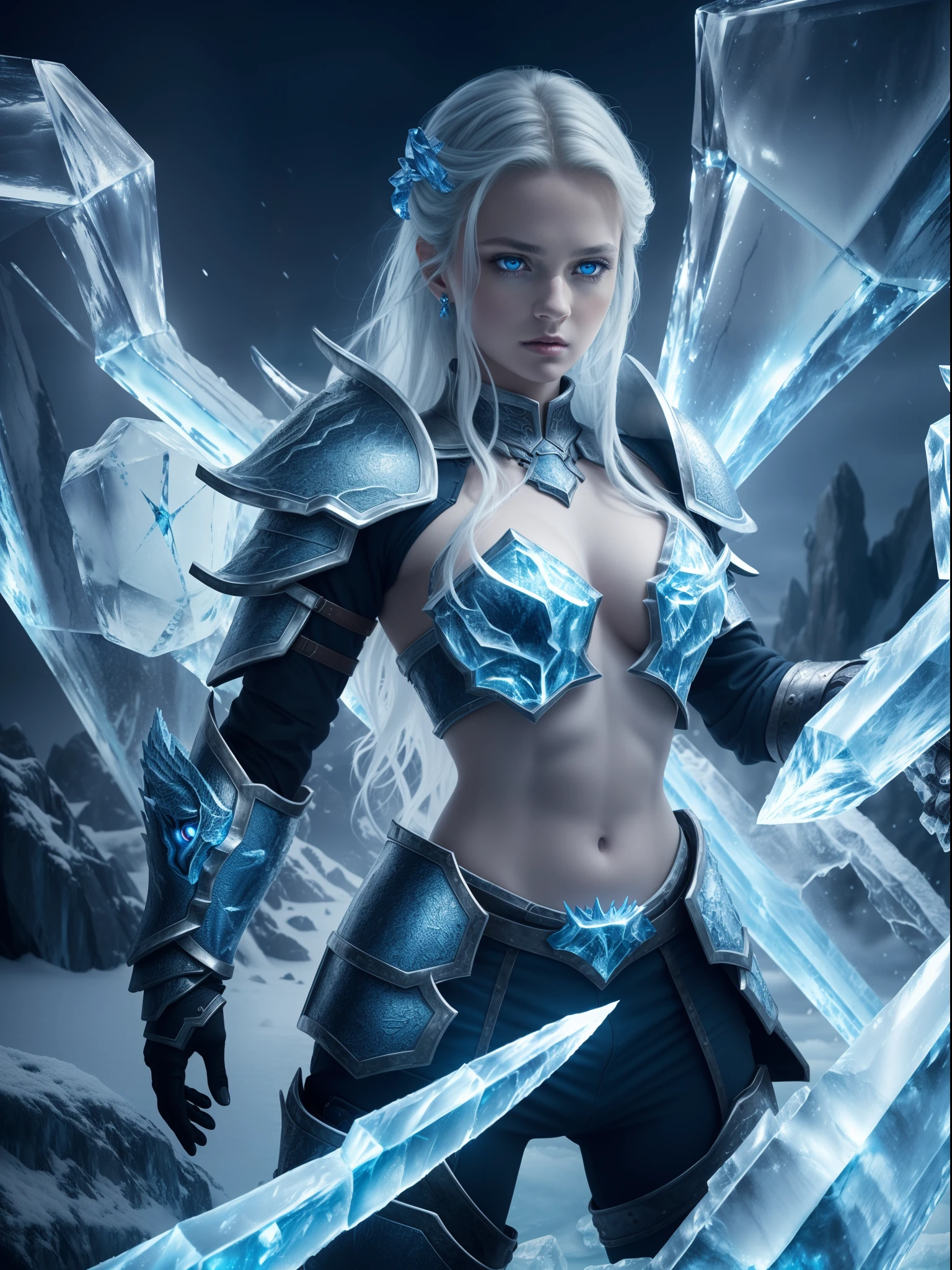 Highres, best quality, extremely detailed, area lighting in background, HD, 8k, extremely intricate:1.3), (cowboy shot), Painting, 1 girl, ice dragon, blue eyes, (ice forming on the body to form armor:1.2), (ice sword:1.2),GlowingRunes_blue, runes on stomach (ice dragon in the background)