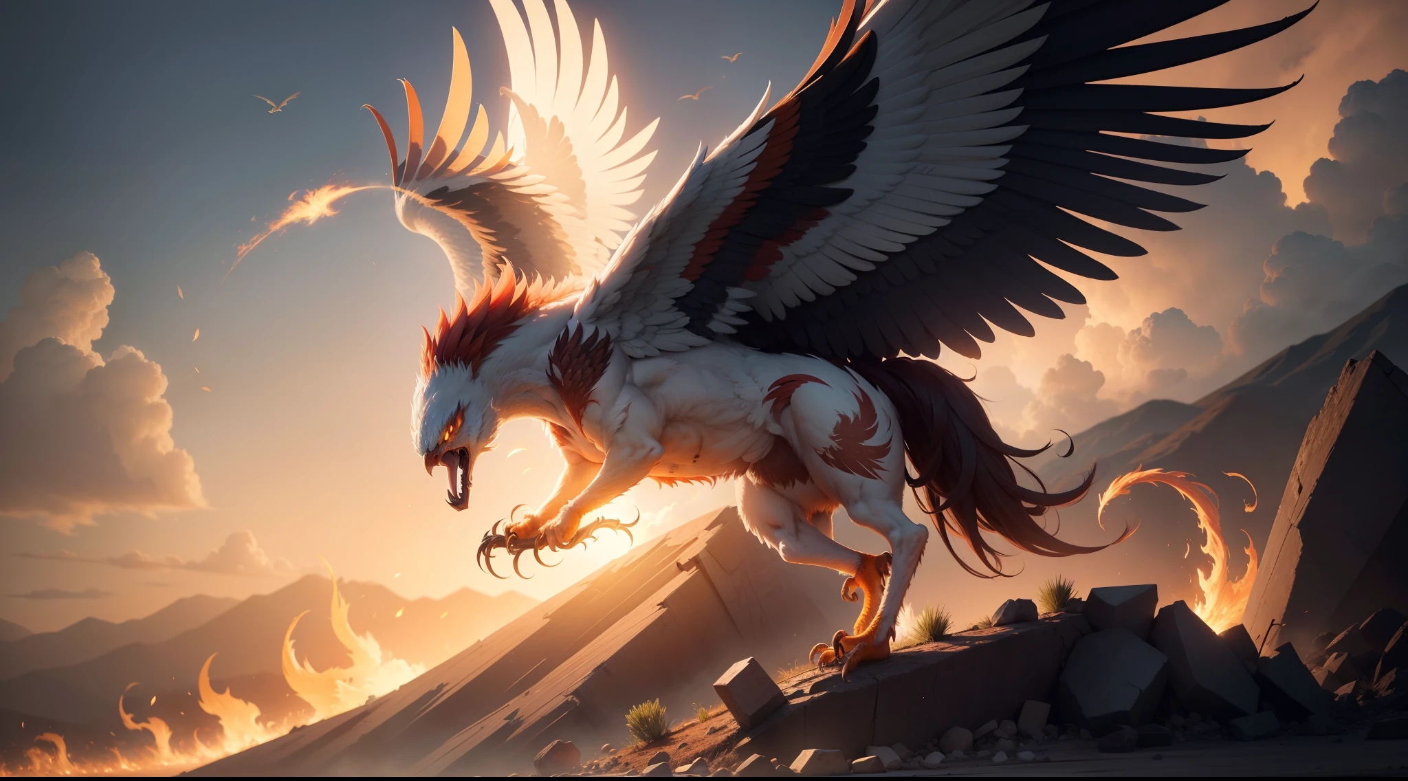 A phoenix rising from ashes, transforming through adversity