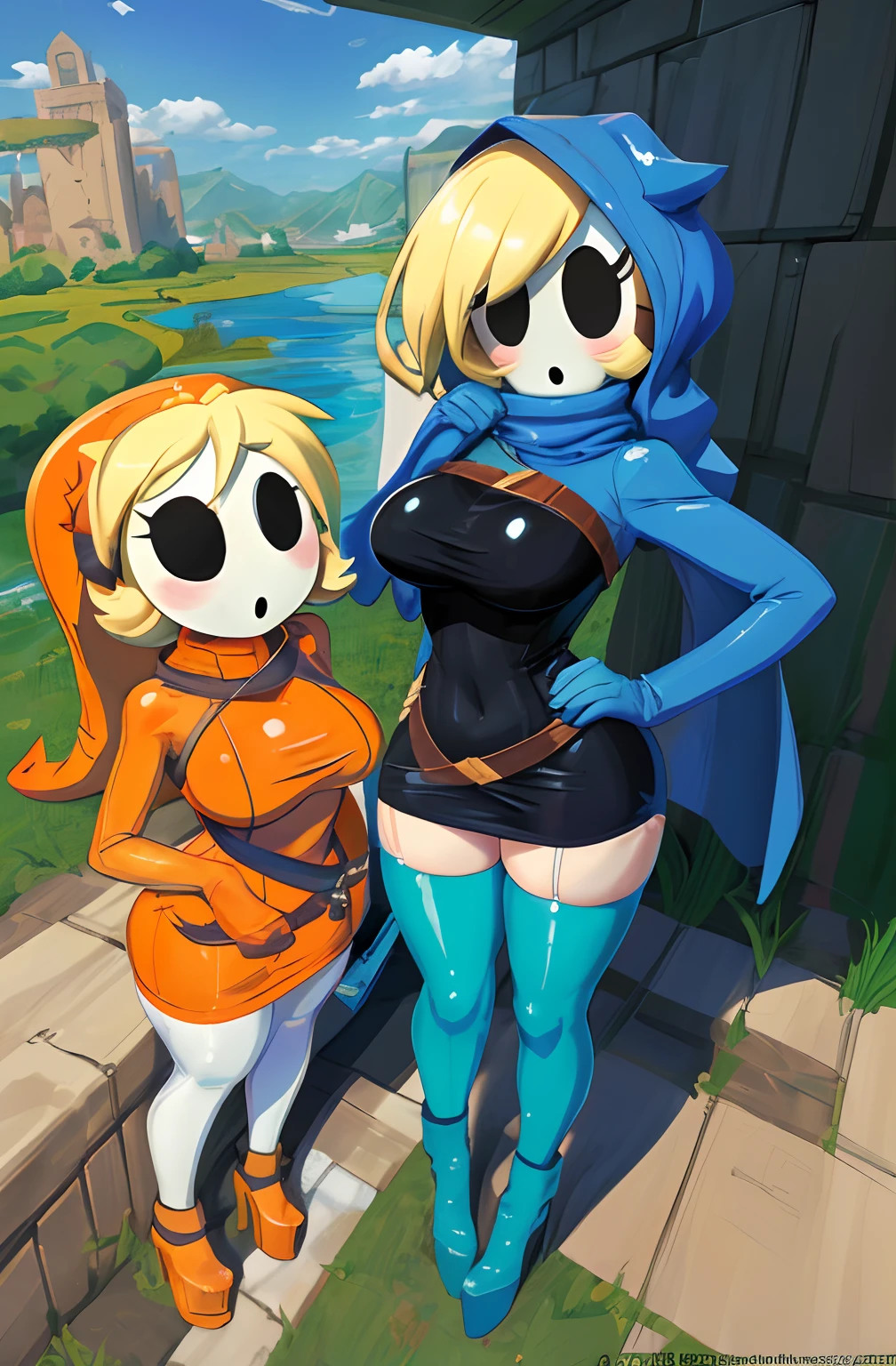 [shy gal], [Uploaded to e621.net; Minus8], ((masterpiece)), ((sexy artwork)), ((duo portrait)), ((two girls)), ((High definition)), ((anime)), ((detailed shading)), ((intricate details)), [LEFT: {shy guy; (woman body, shy guy mask, short brown hair, (beautiful legs), (curvaceous hips)}, {(green bodycon dress), (white thigh-highs with straps), (orange boots)}], [RIGHT: {shy guy; (woman body, shy guy mask, blonde hair, (beautiful legs), (curvaceous hips)}, {(blue bodycon dress), (white thigh-highs with straps), (pink boots)}], {(standing), (attractive pose), (surprised), [Background; (Grass plains), (beautiful river), (sun rays)]